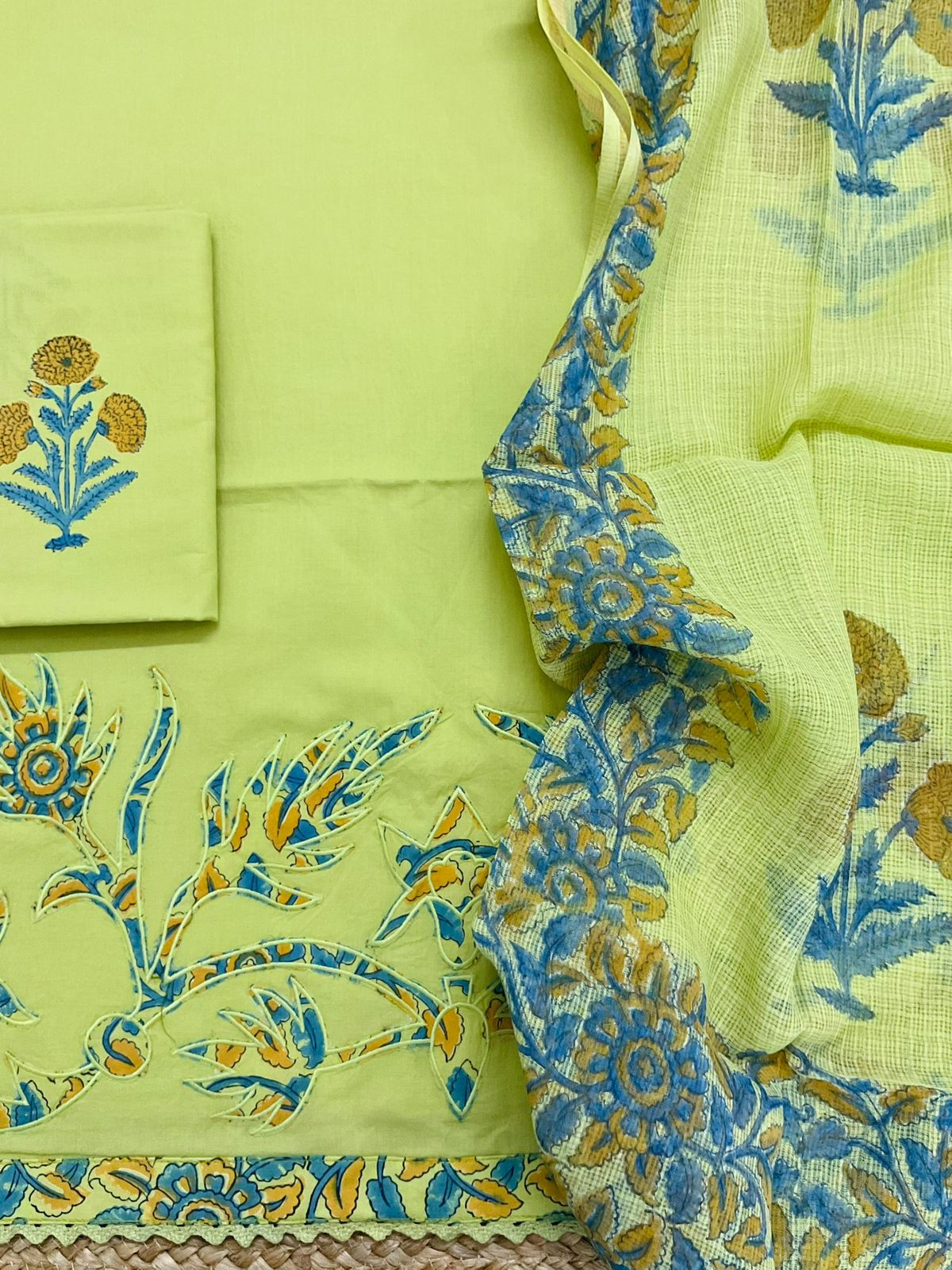 Pure Cotton Printed Embroidered Suit - Green