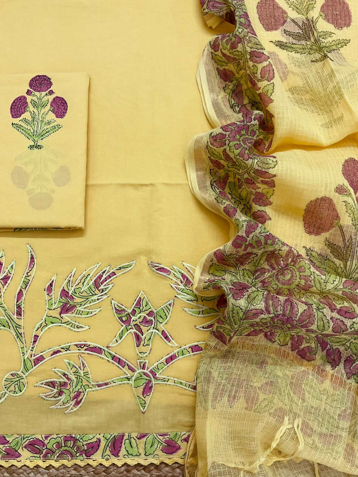 Pure Cotton Printed Embroidered Suit - Yellow