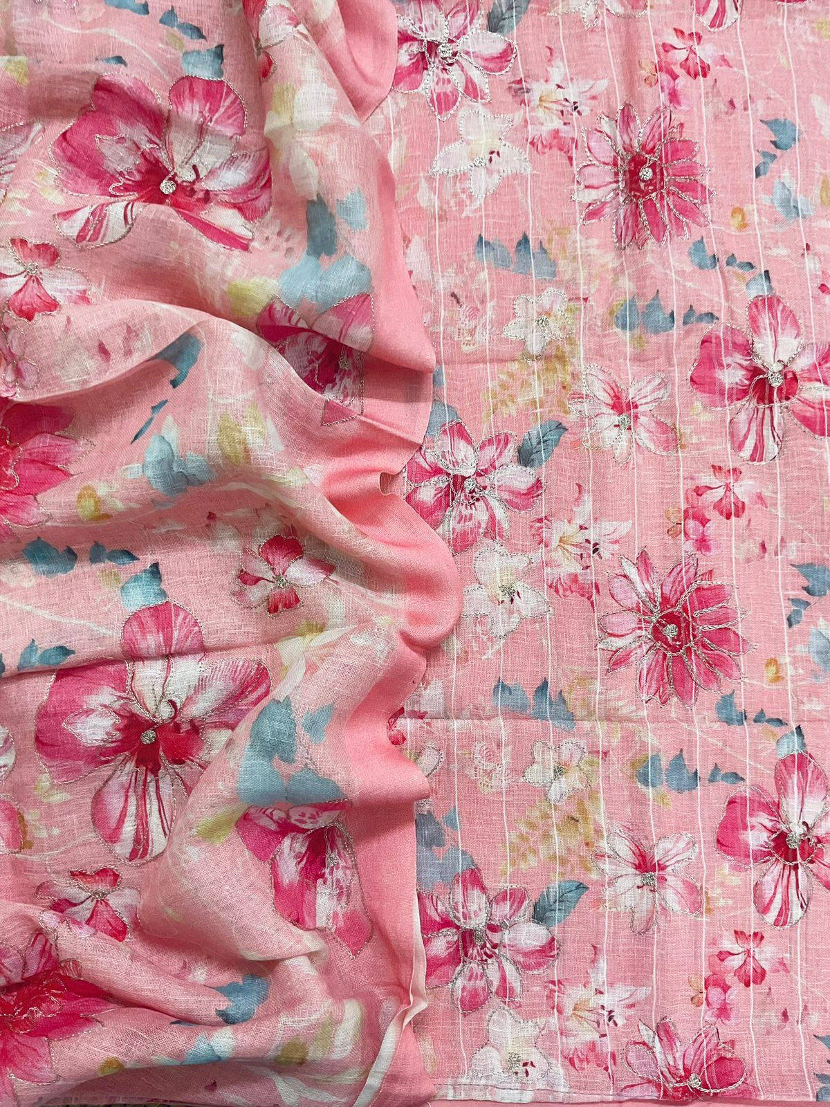Pure Linen Jute Cotton Printed Embroidered Self Weaved Suit - Pink