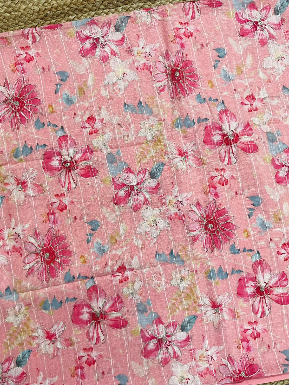 Pure Linen Jute Cotton Printed Embroidered Self Weaved Suit - Pink