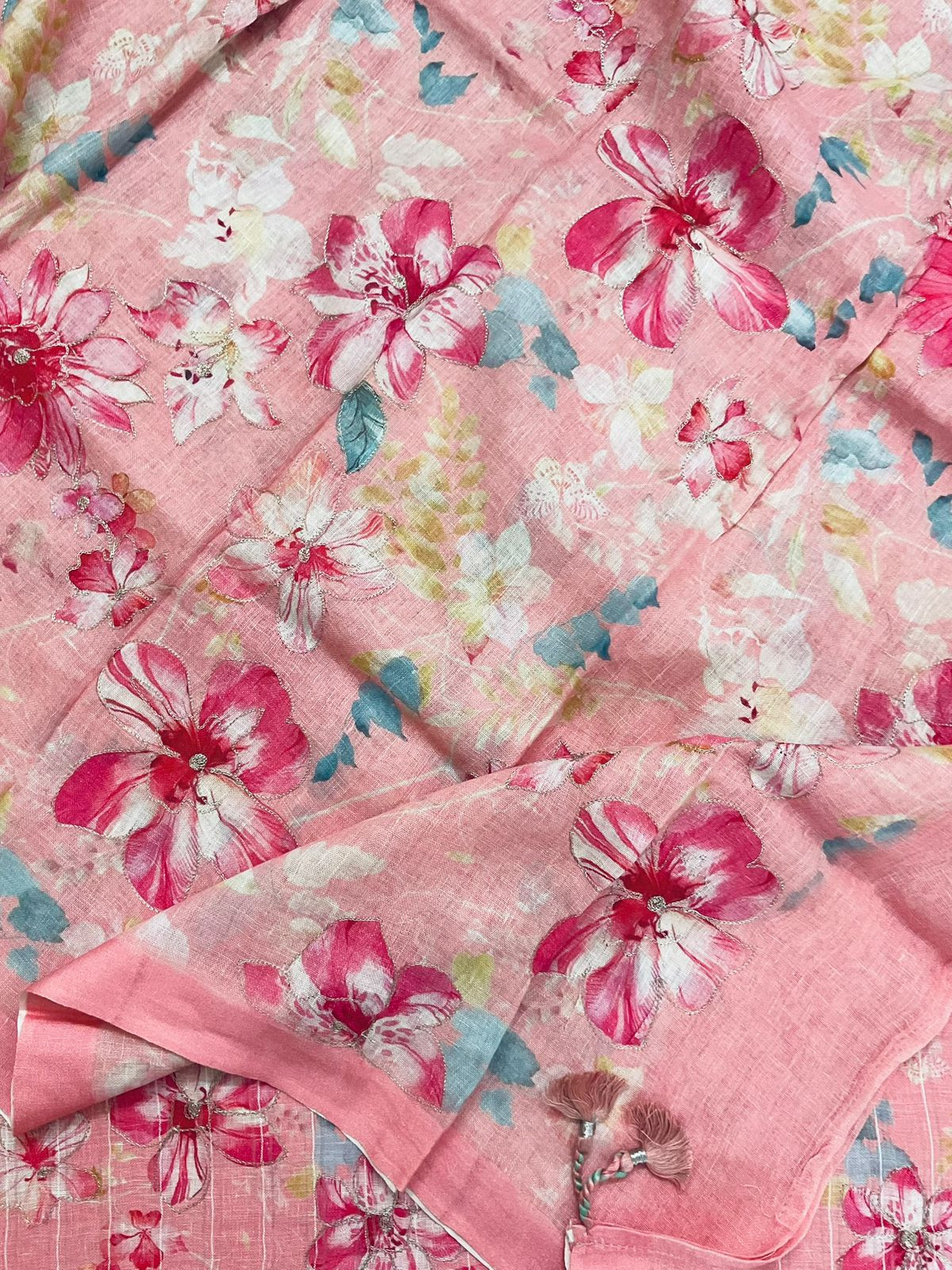 Pure Linen Jute Cotton Printed Embroidered Self Weaved Suit - Pink