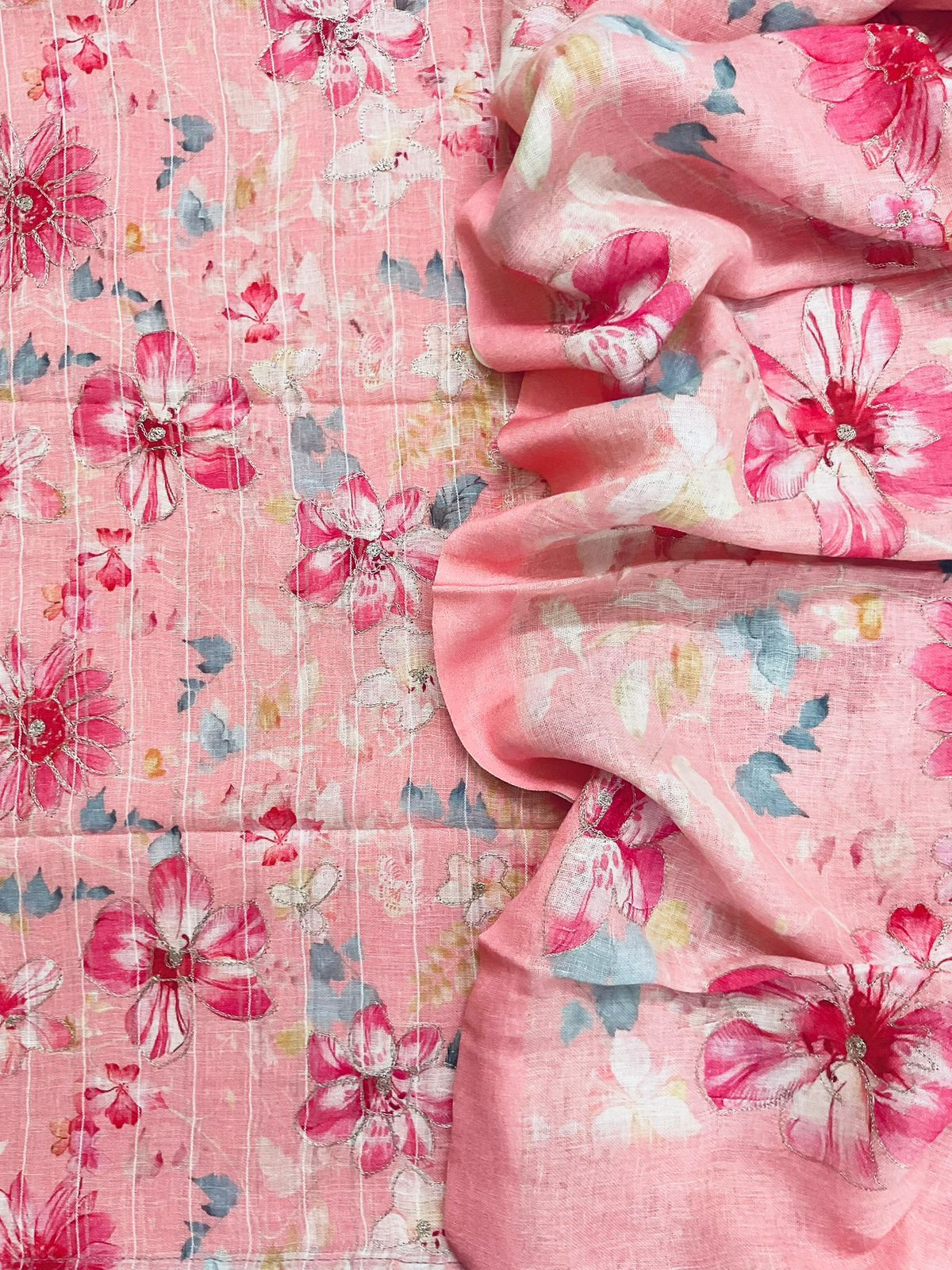 Pure Linen Jute Cotton Printed Embroidered Self Weaved Suit - Pink