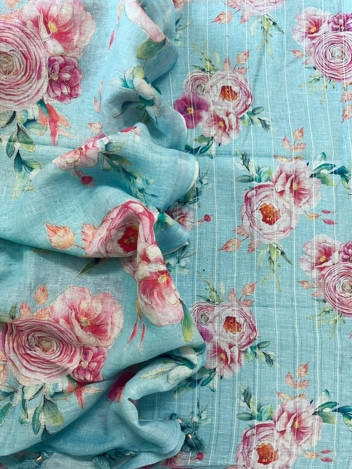 Pure Linen Jute Cotton Printed Embroidered Self Weaved Suit - Blue