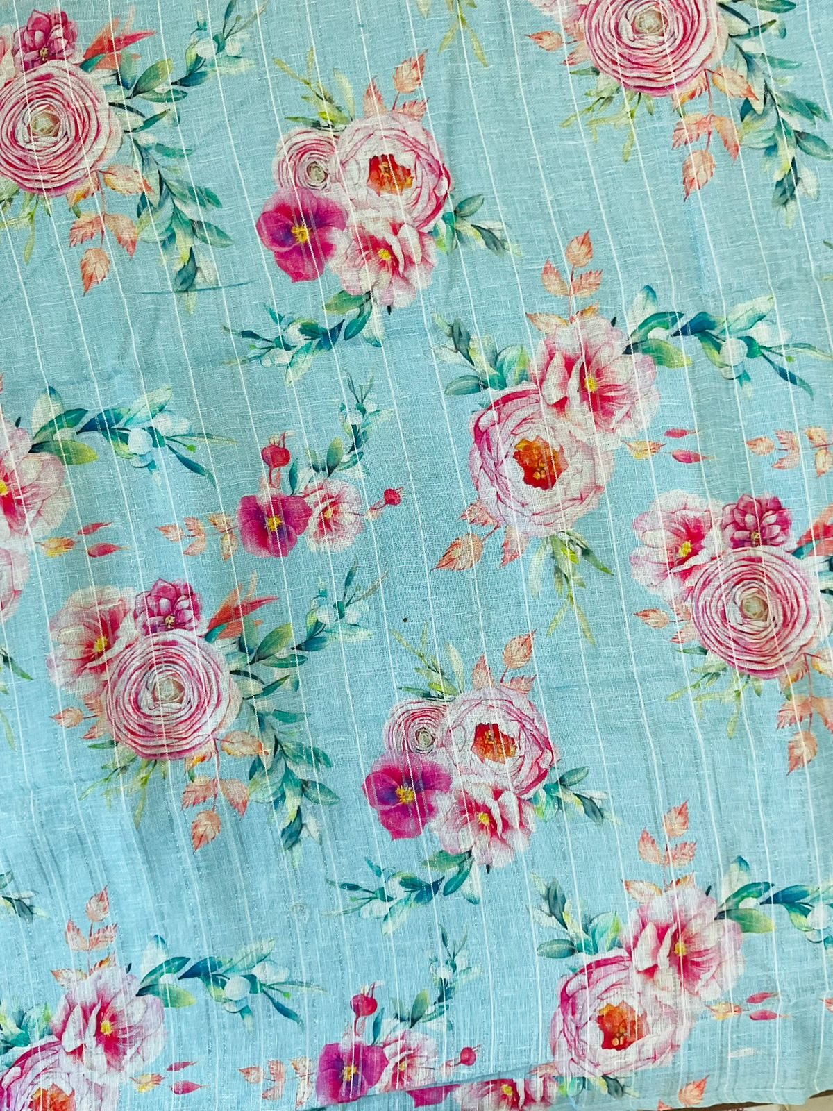 Pure Linen Jute Cotton Printed Embroidered Self Weaved Suit - Blue