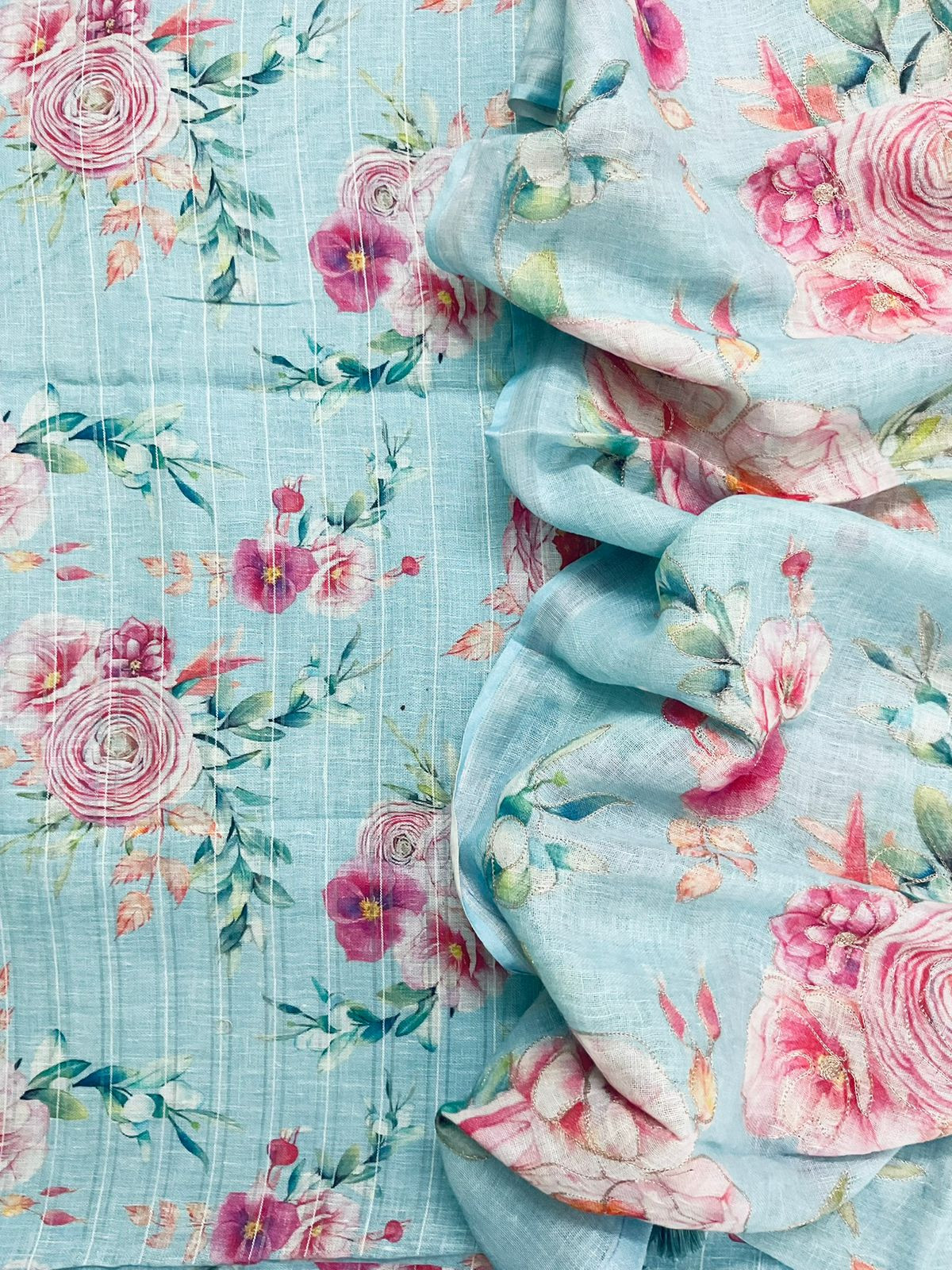 Pure Linen Jute Cotton Printed Embroidered Self Weaved Suit - Blue