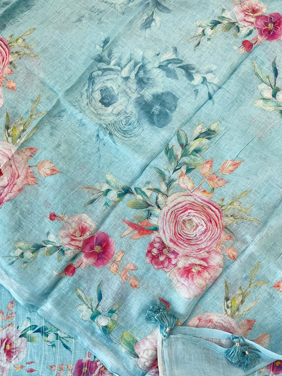 Pure Linen Jute Cotton Printed Embroidered Self Weaved Suit - Blue