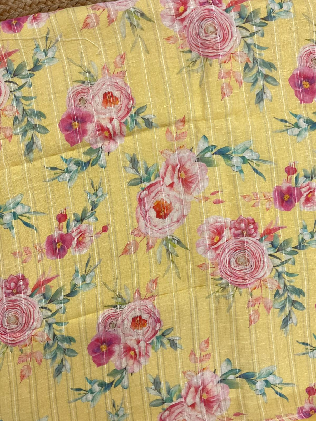 Pure Linen Jute Cotton Printed Embroidered Self Weaved Suit - Yellow