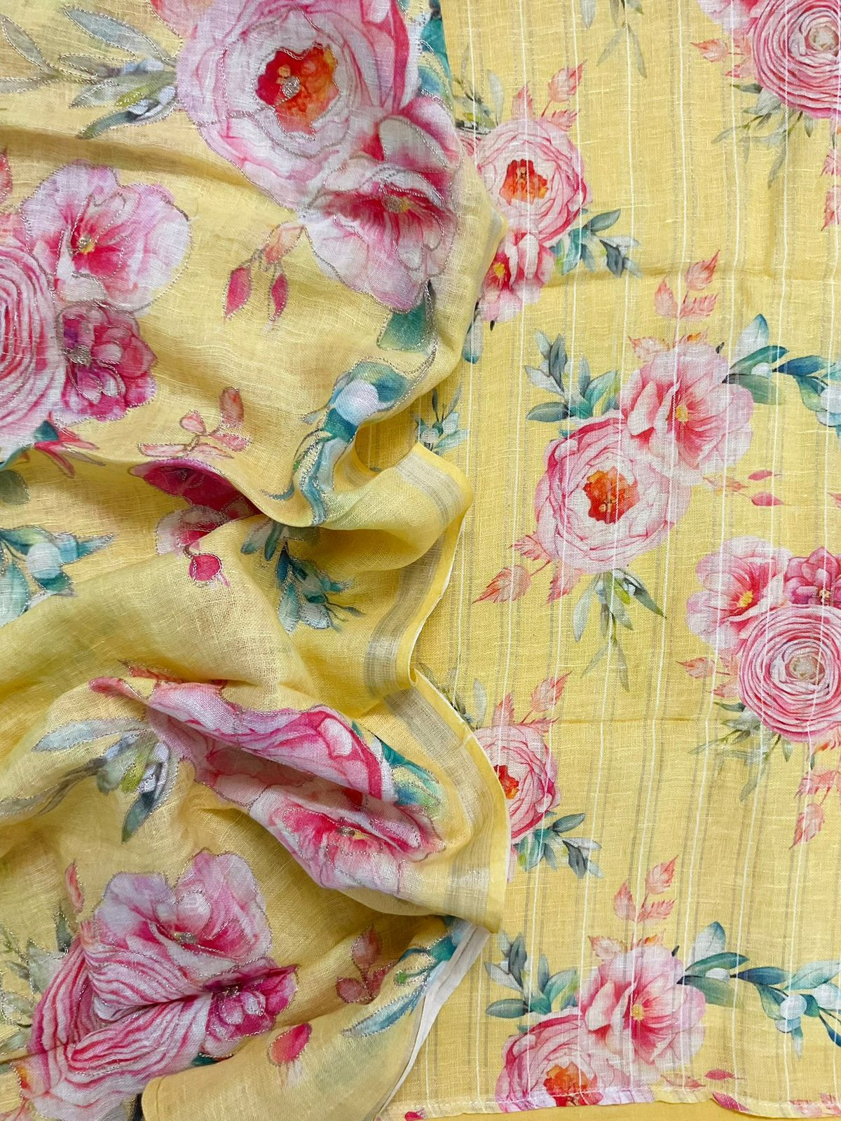 Pure Linen Jute Cotton Printed Embroidered Self Weaved Suit - Yellow