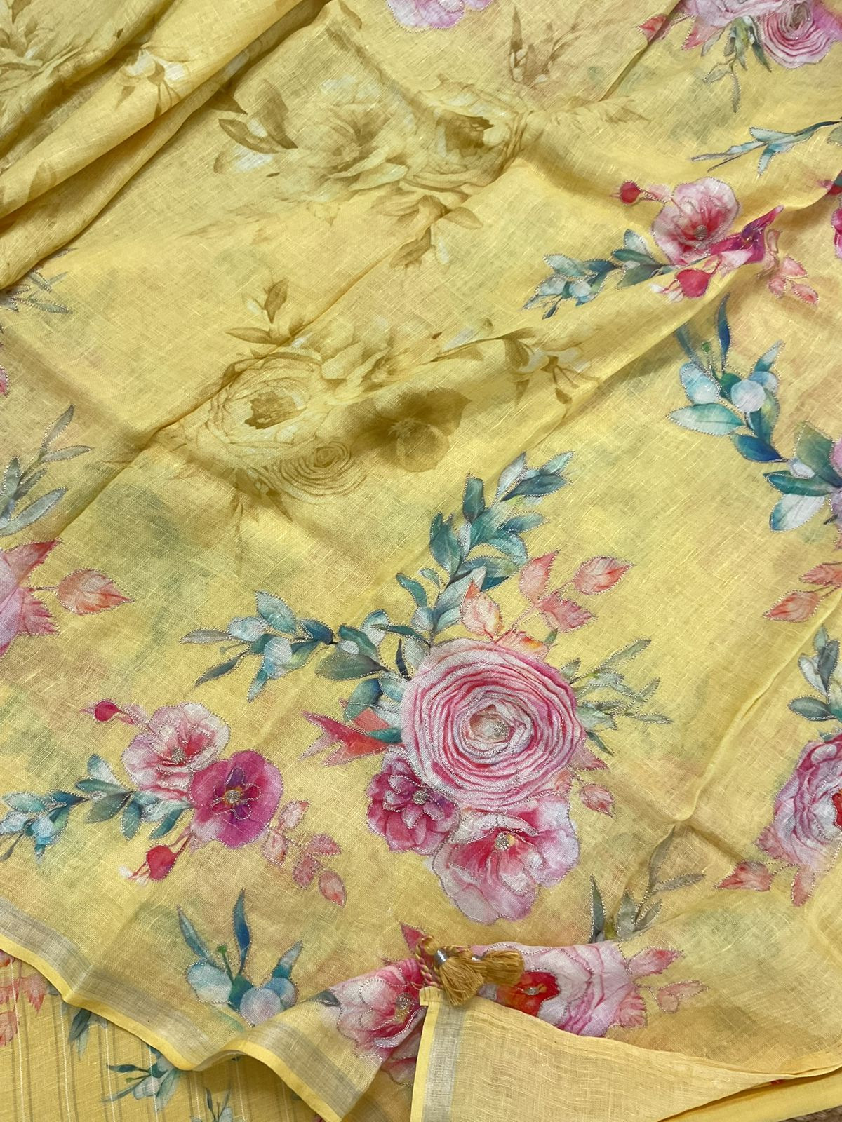 Pure Linen Jute Cotton Printed Embroidered Self Weaved Suit - Yellow