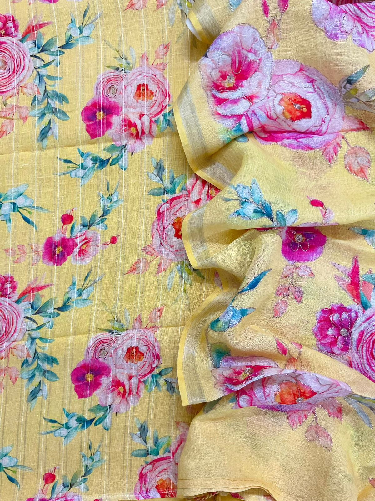 Pure Linen Jute Cotton Printed Embroidered Self Weaved Suit - Yellow