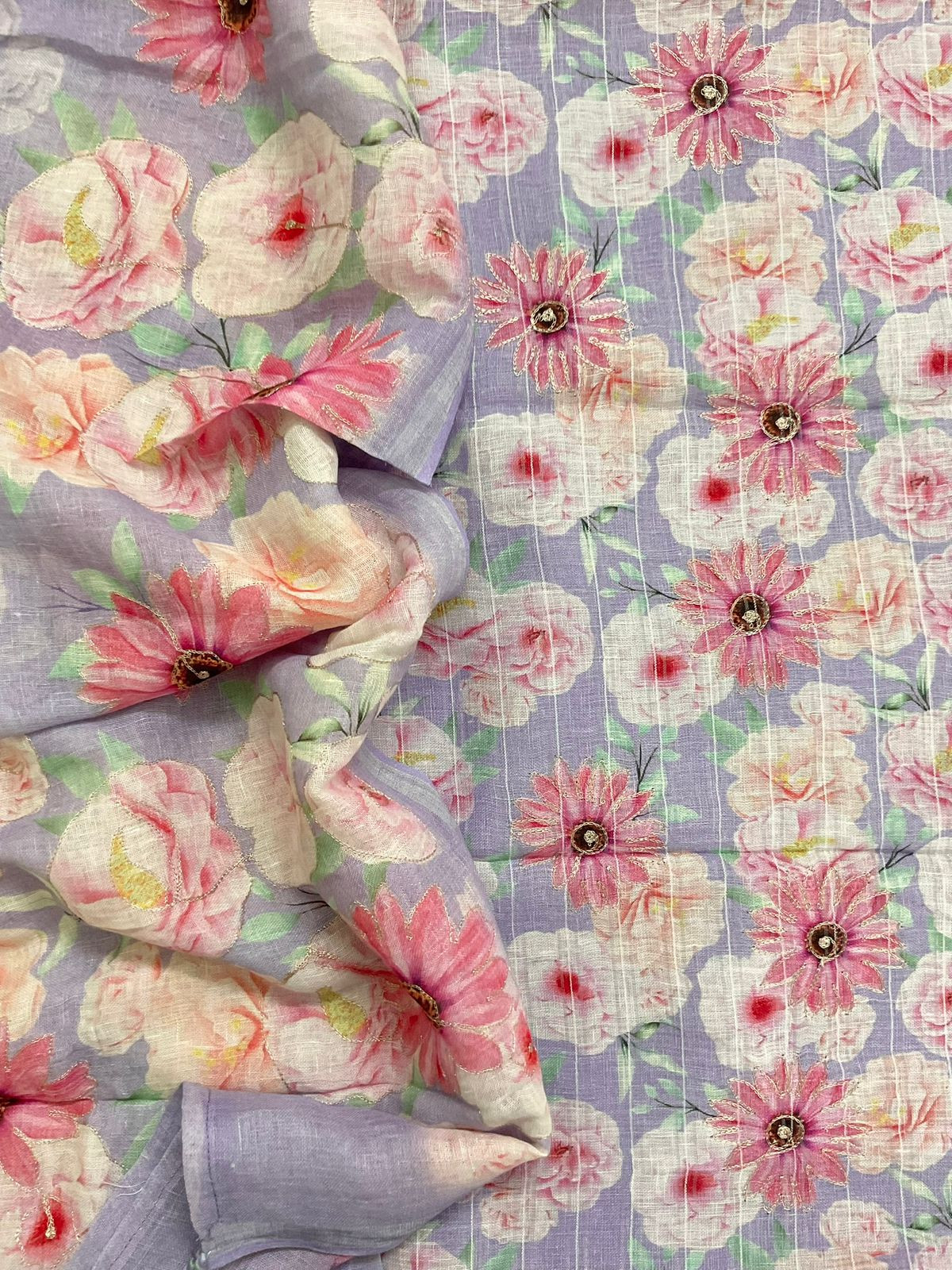 Pure Linen Jute Cotton Printed Embroidered Self Weaved Suit - Lavender