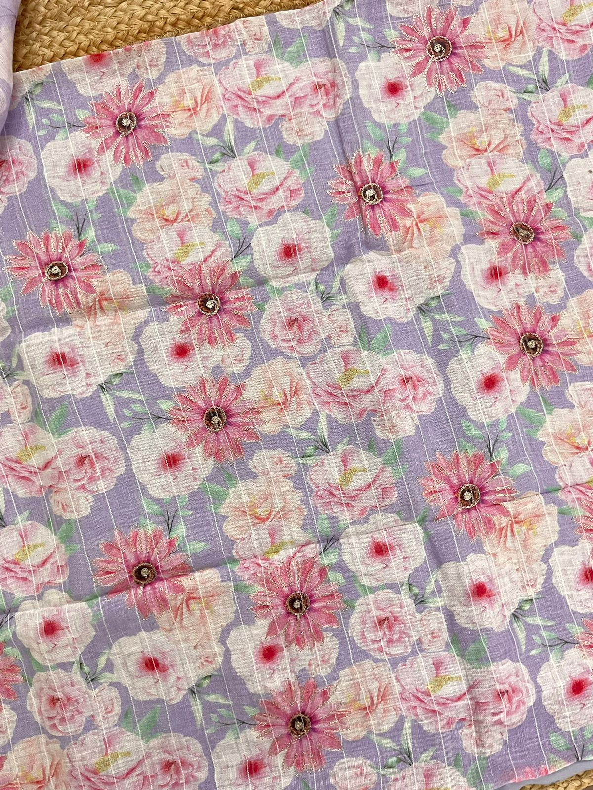 Pure Linen Jute Cotton Printed Embroidered Self Weaved Suit - Lavender