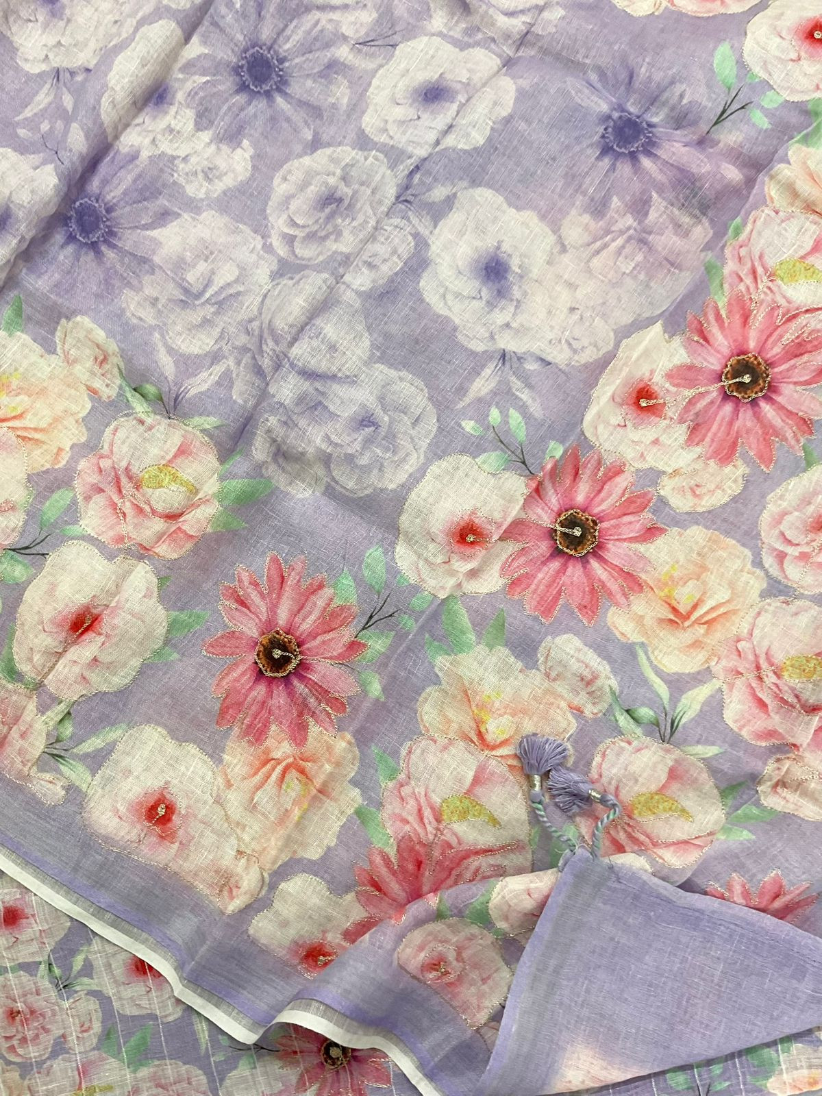 Pure Linen Jute Cotton Printed Embroidered Self Weaved Suit - Lavender