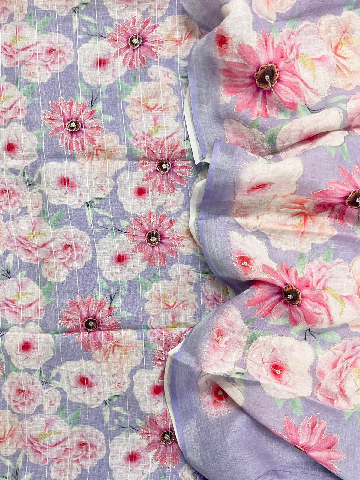 Pure Linen Jute Cotton Printed Embroidered Self Weaved Suit - Lavender