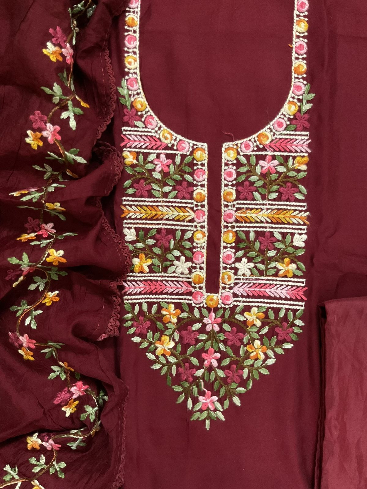 Soft Muslin Embroidered Suit - Maroon
