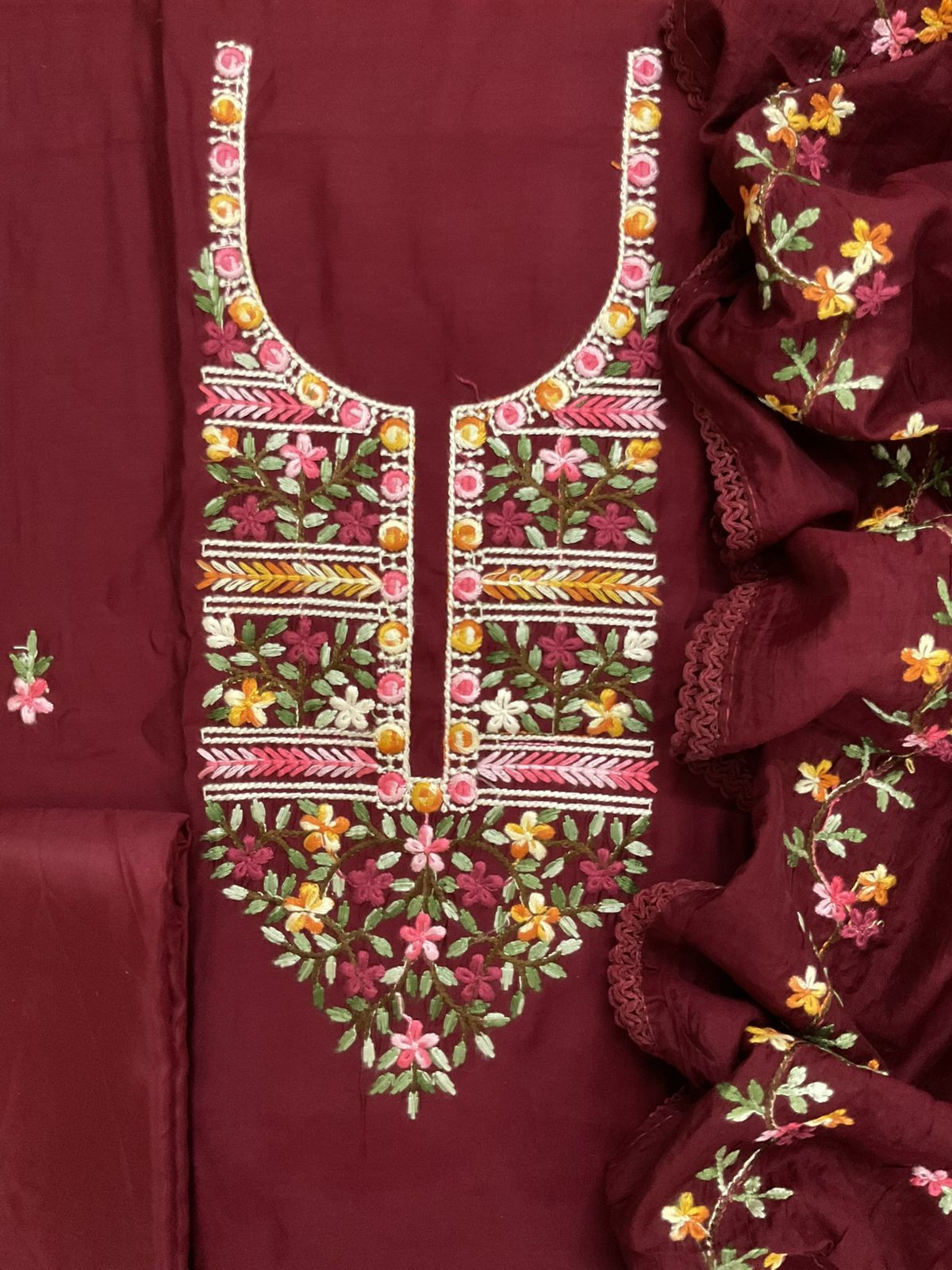 Soft Muslin Embroidered Suit - Maroon