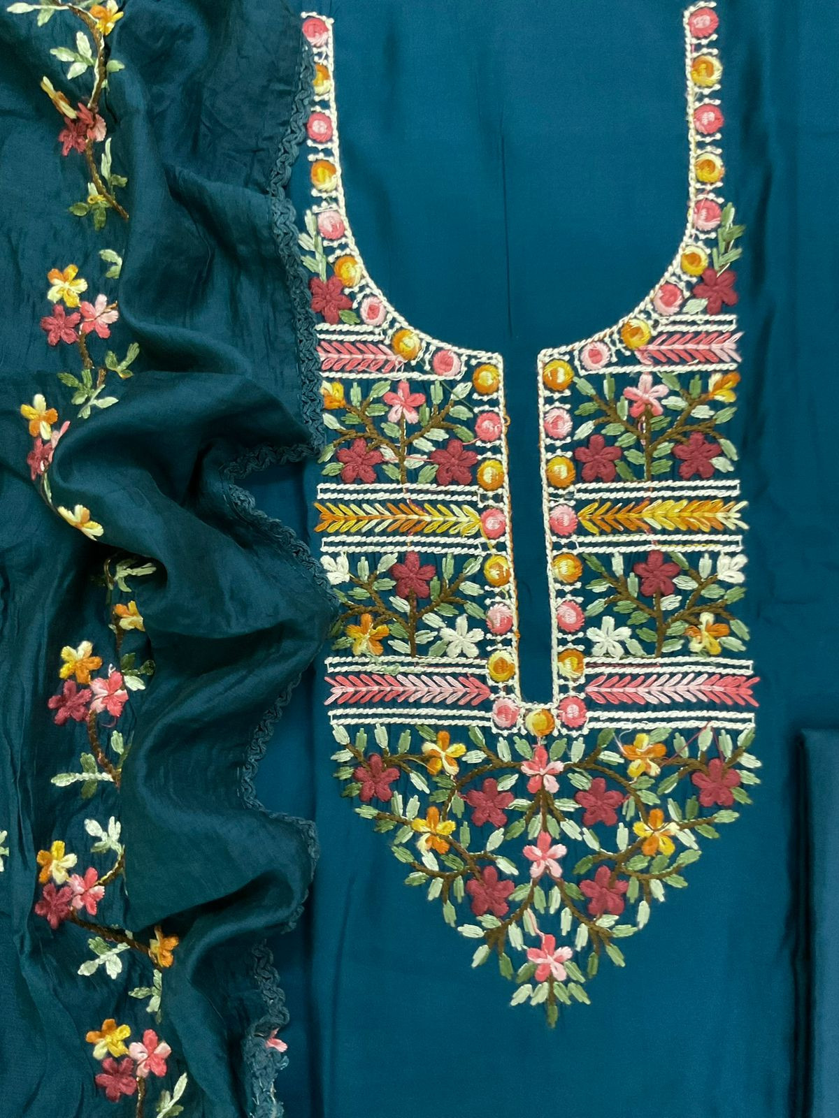 Soft Muslin Embroidered Suit - Peacock Blue