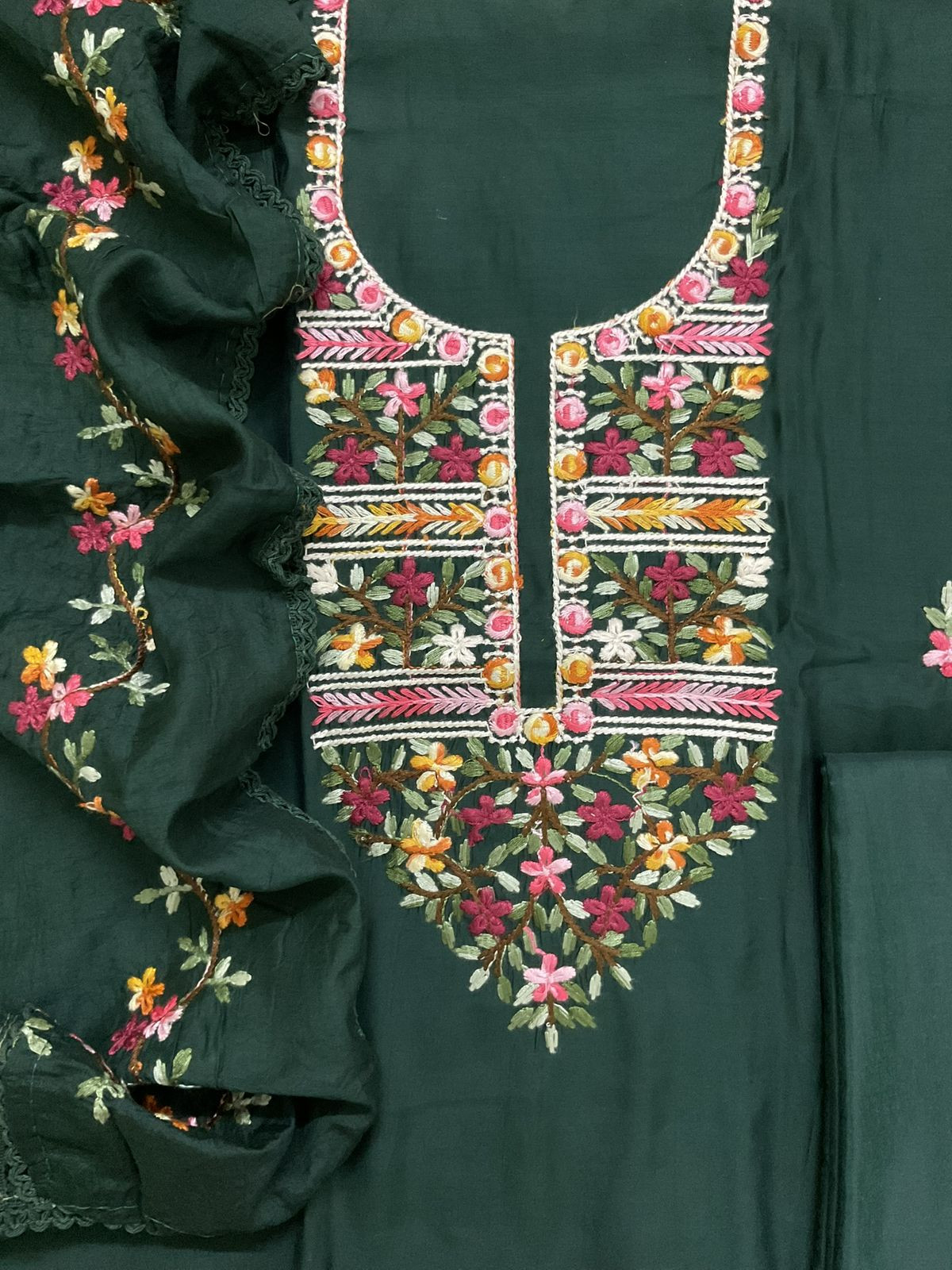 Soft Muslin Embroidered Suit - Green