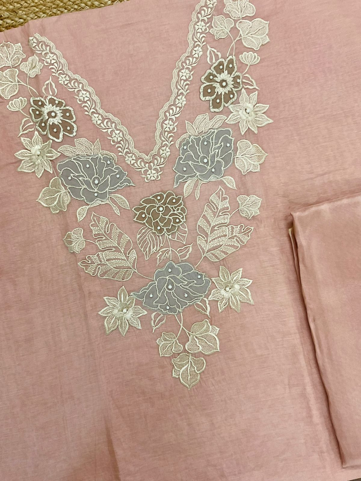 Pure Mul Chanderi Embroidered Suit - Peach