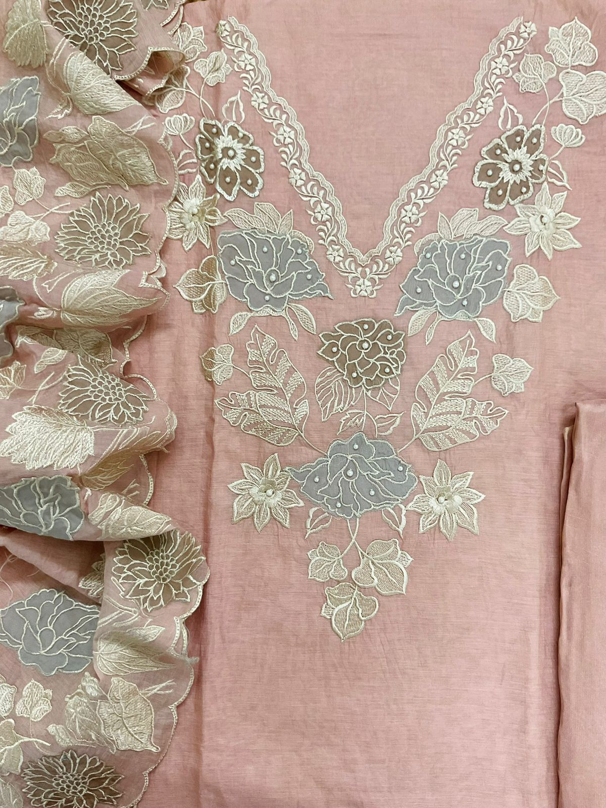 Pure Mul Chanderi Embroidered Suit - Peach
