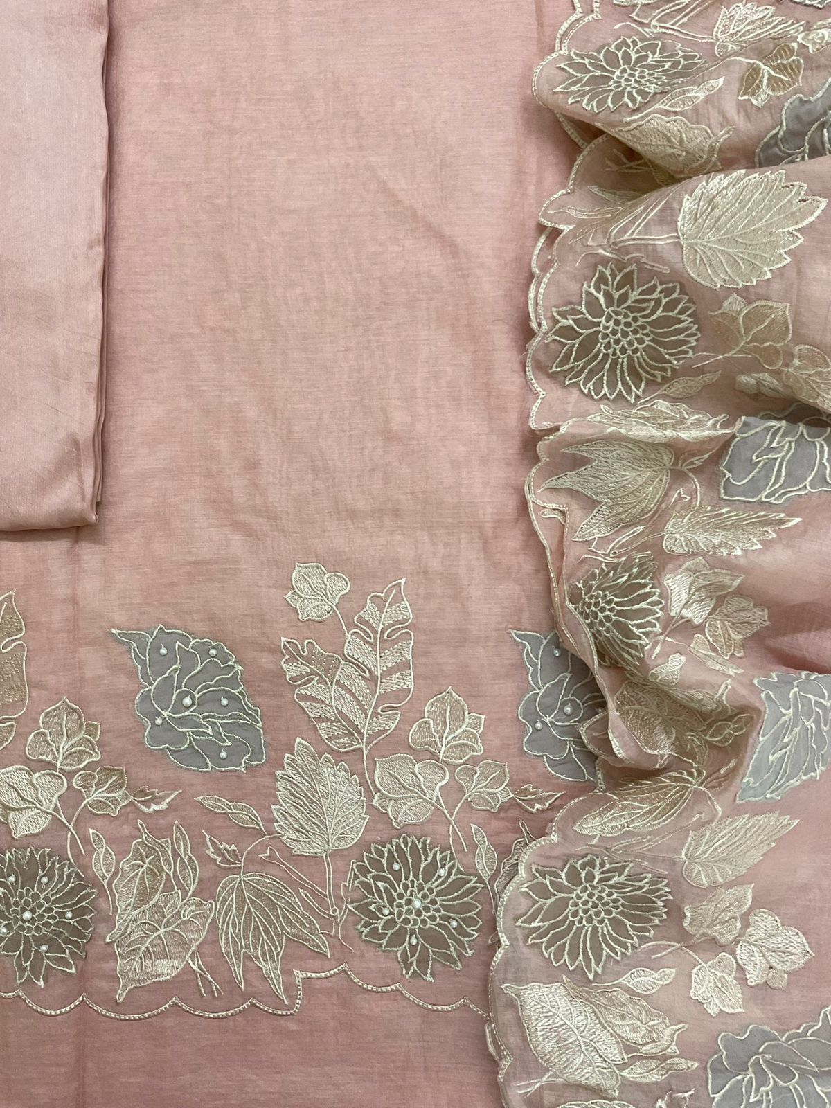 Pure Mul Chanderi Embroidered Suit - Peach