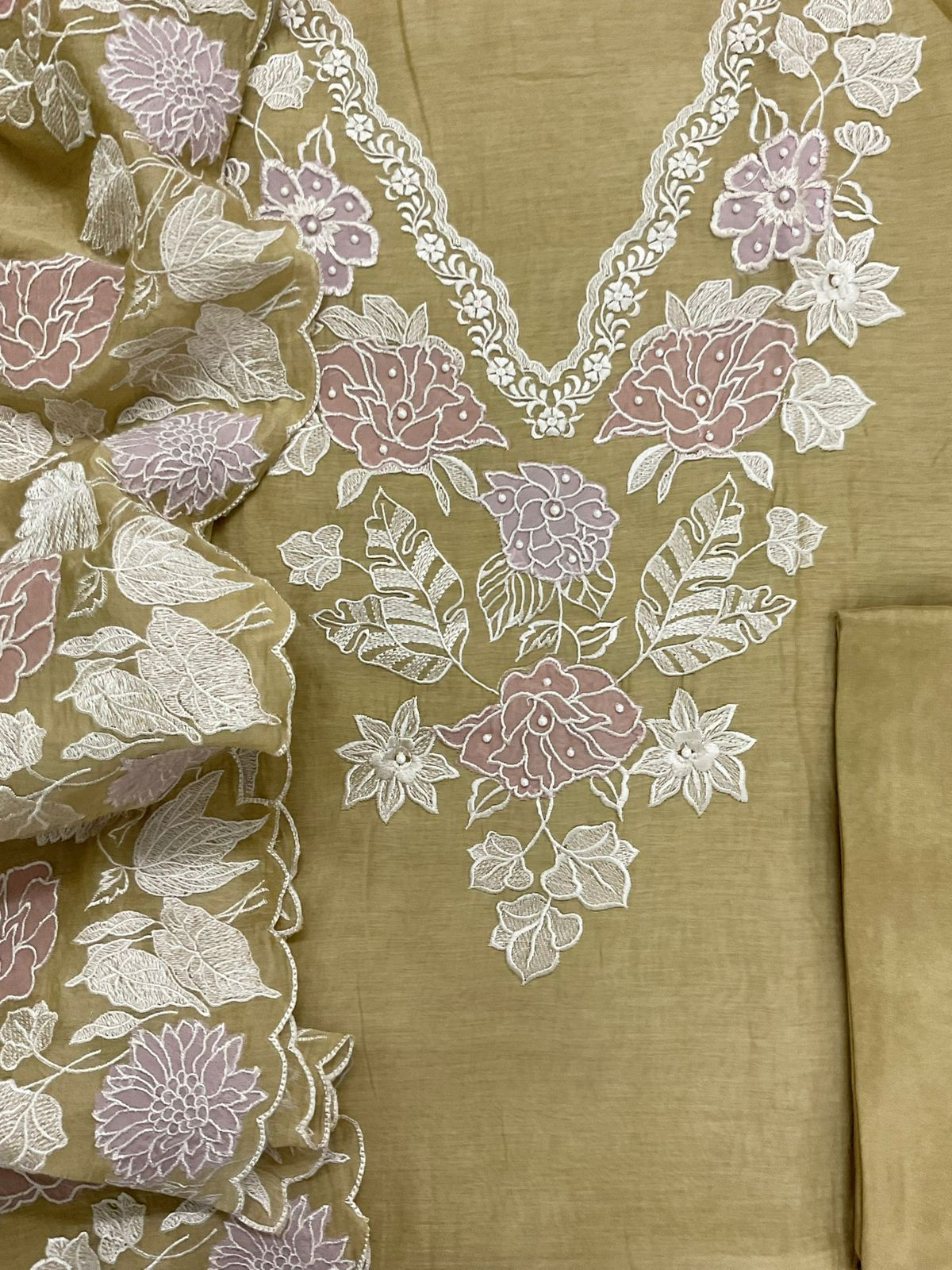 Pure Mul Chanderi Embroidered Suit - Mustard Yellow