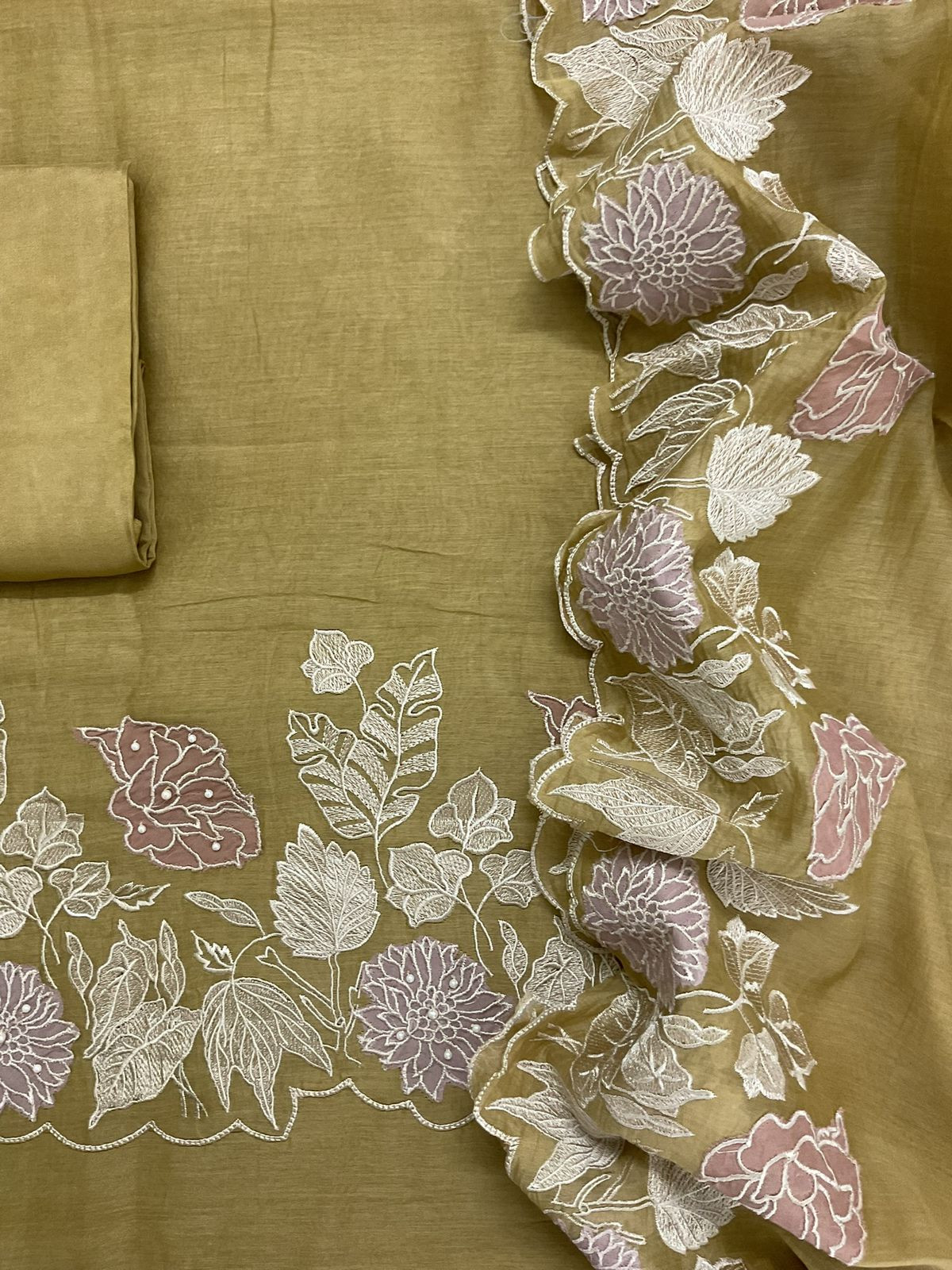 Pure Mul Chanderi Embroidered Suit - Mustard Yellow