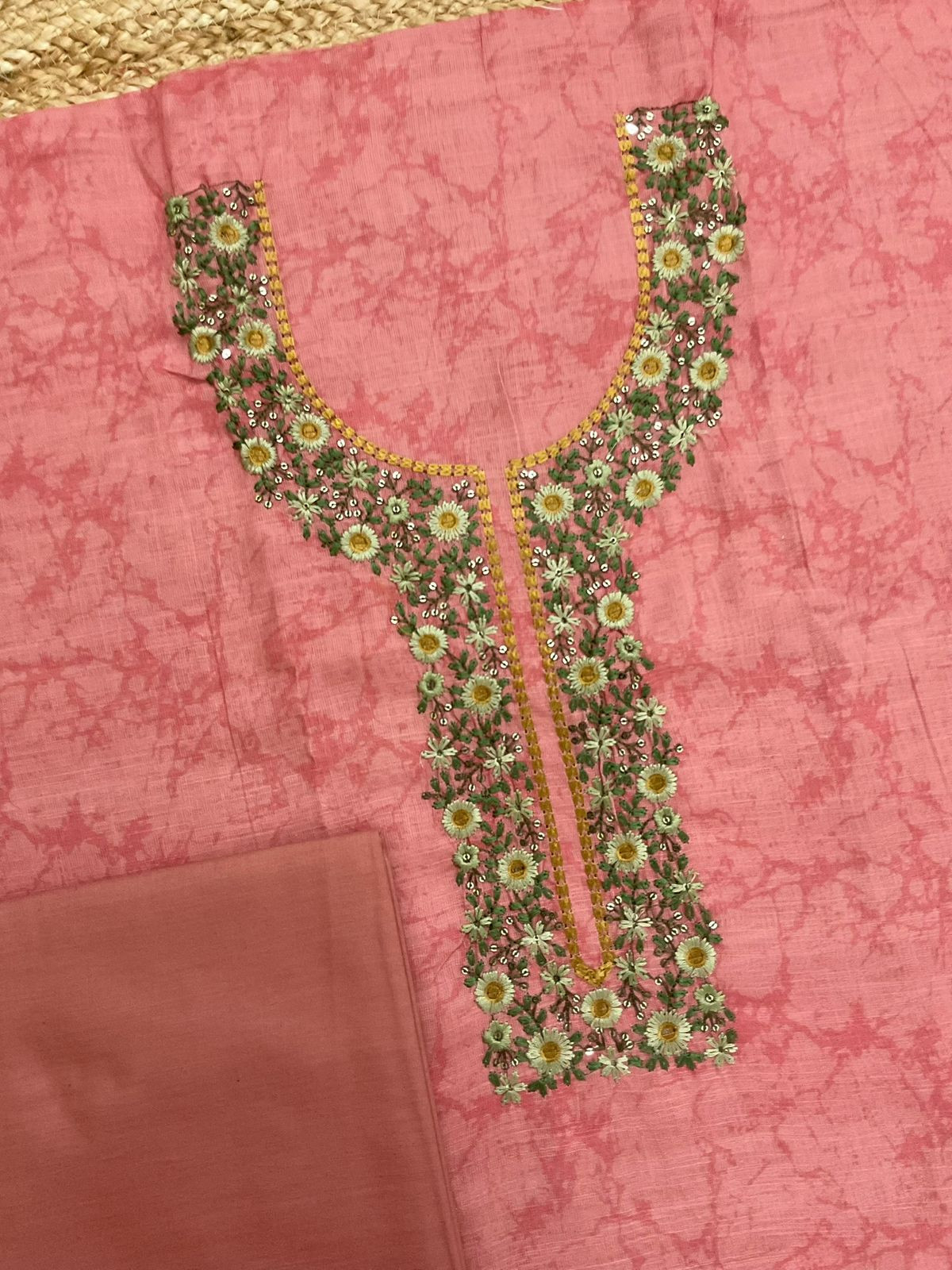 Soft Linen Jute Cotton Printed Embroidered Suit - Carrot Pink