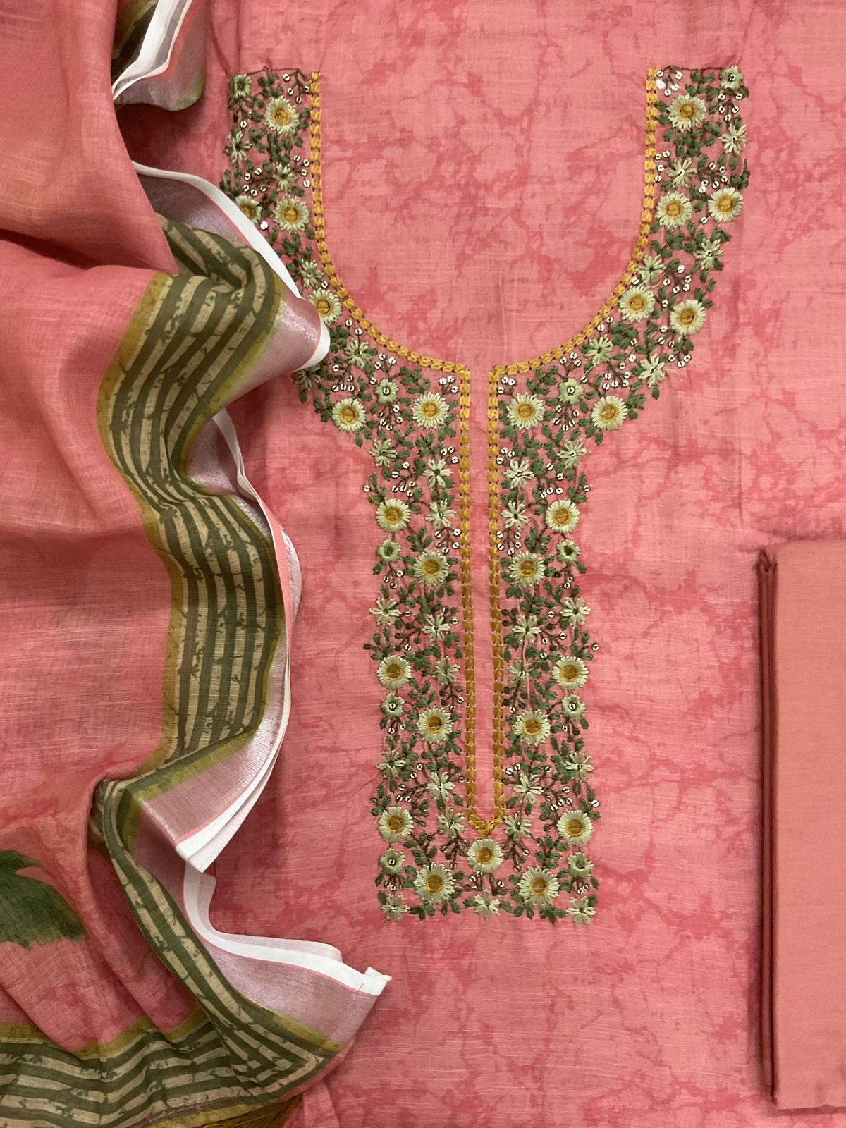 Soft Linen Jute Cotton Printed Embroidered Suit - Carrot Pink