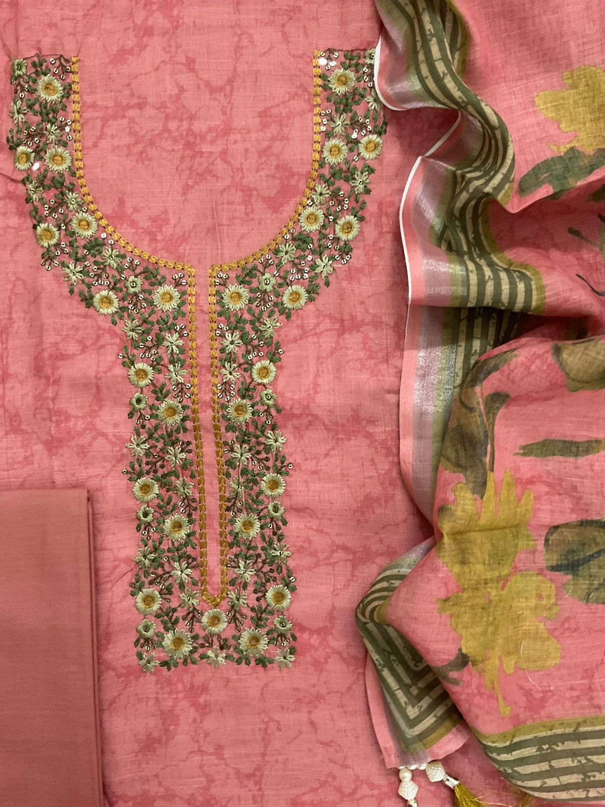 Soft Linen Jute Cotton Printed Embroidered Suit - Carrot Pink
