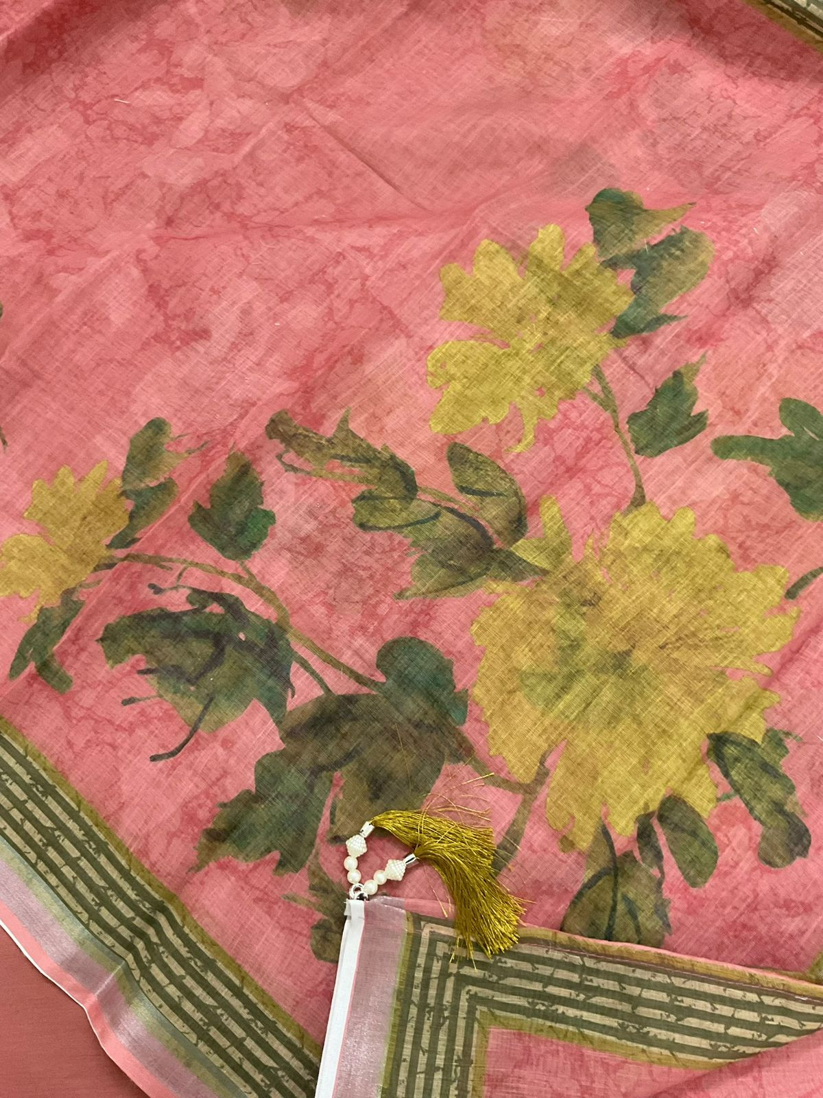 Soft Linen Jute Cotton Printed Embroidered Suit - Carrot Pink