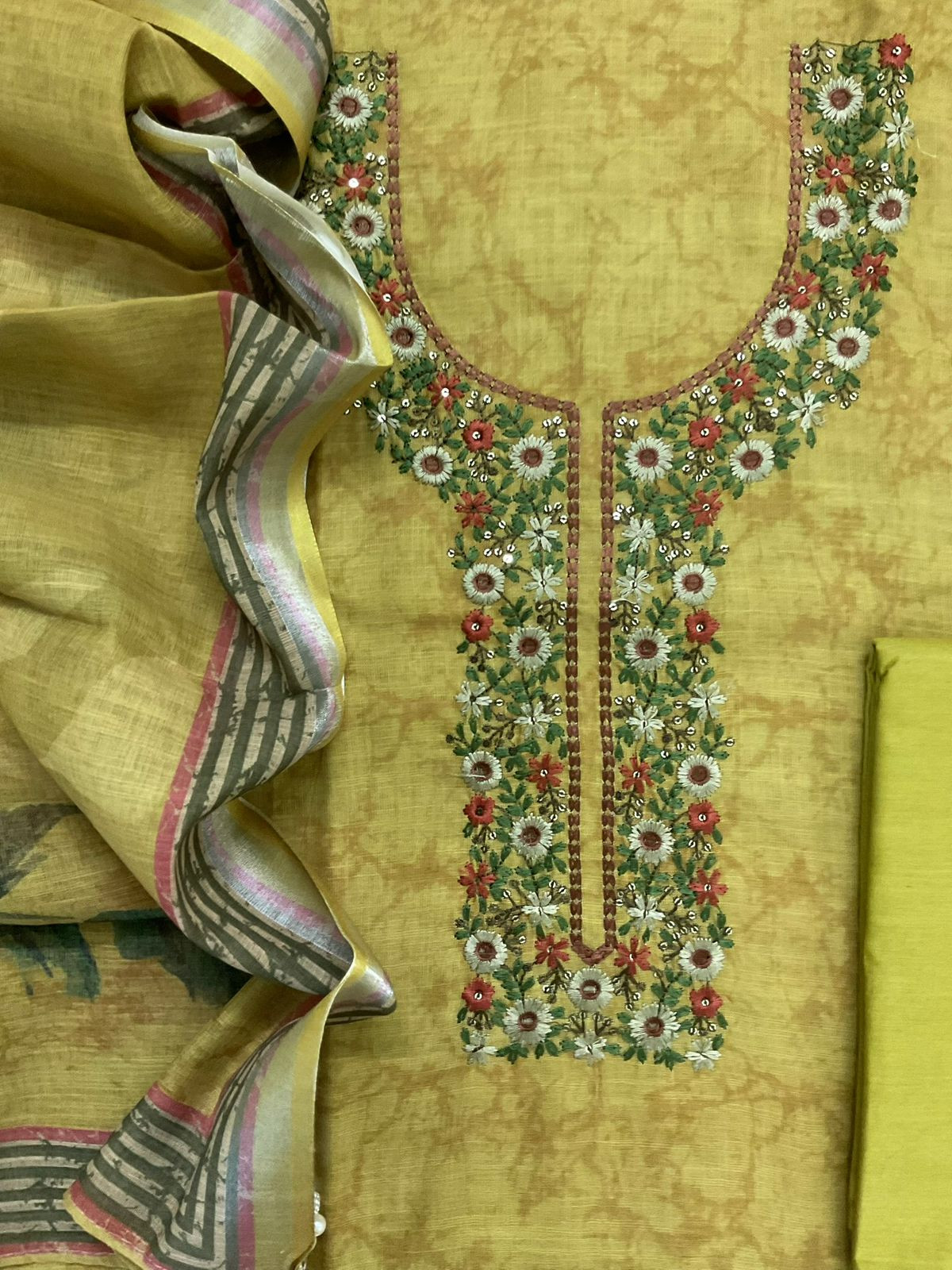 Soft Linen Jute Cotton Printed Embroidered Suit - Greenish Yellow