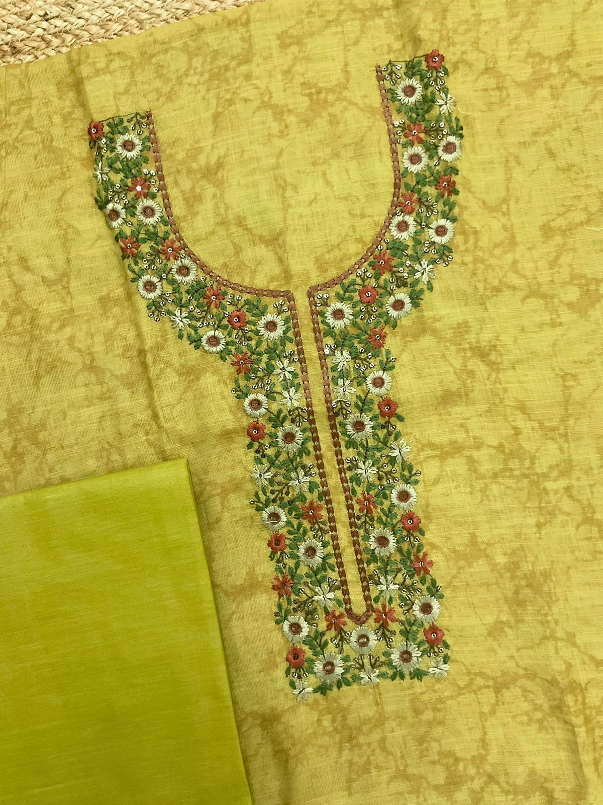Soft Linen Jute Cotton Printed Embroidered Suit - Greenish Yellow