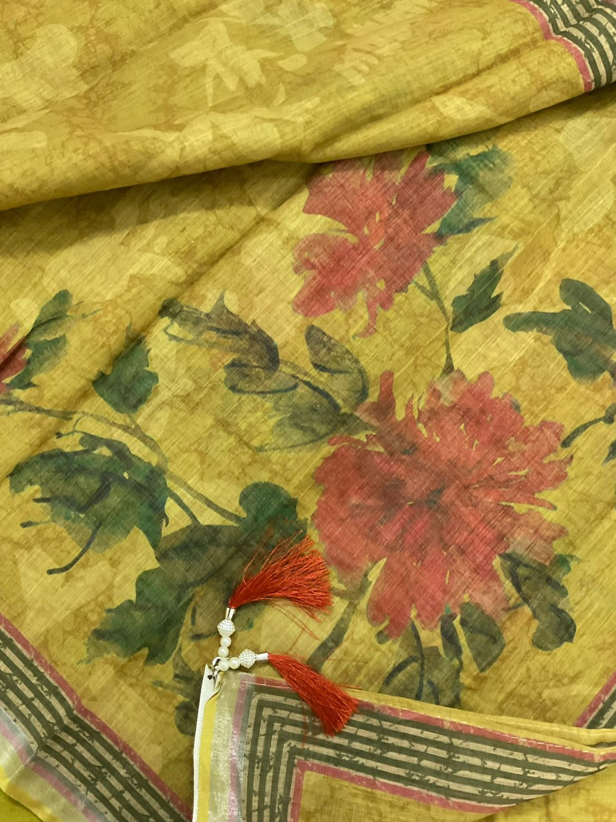 Soft Linen Jute Cotton Printed Embroidered Suit - Greenish Yellow