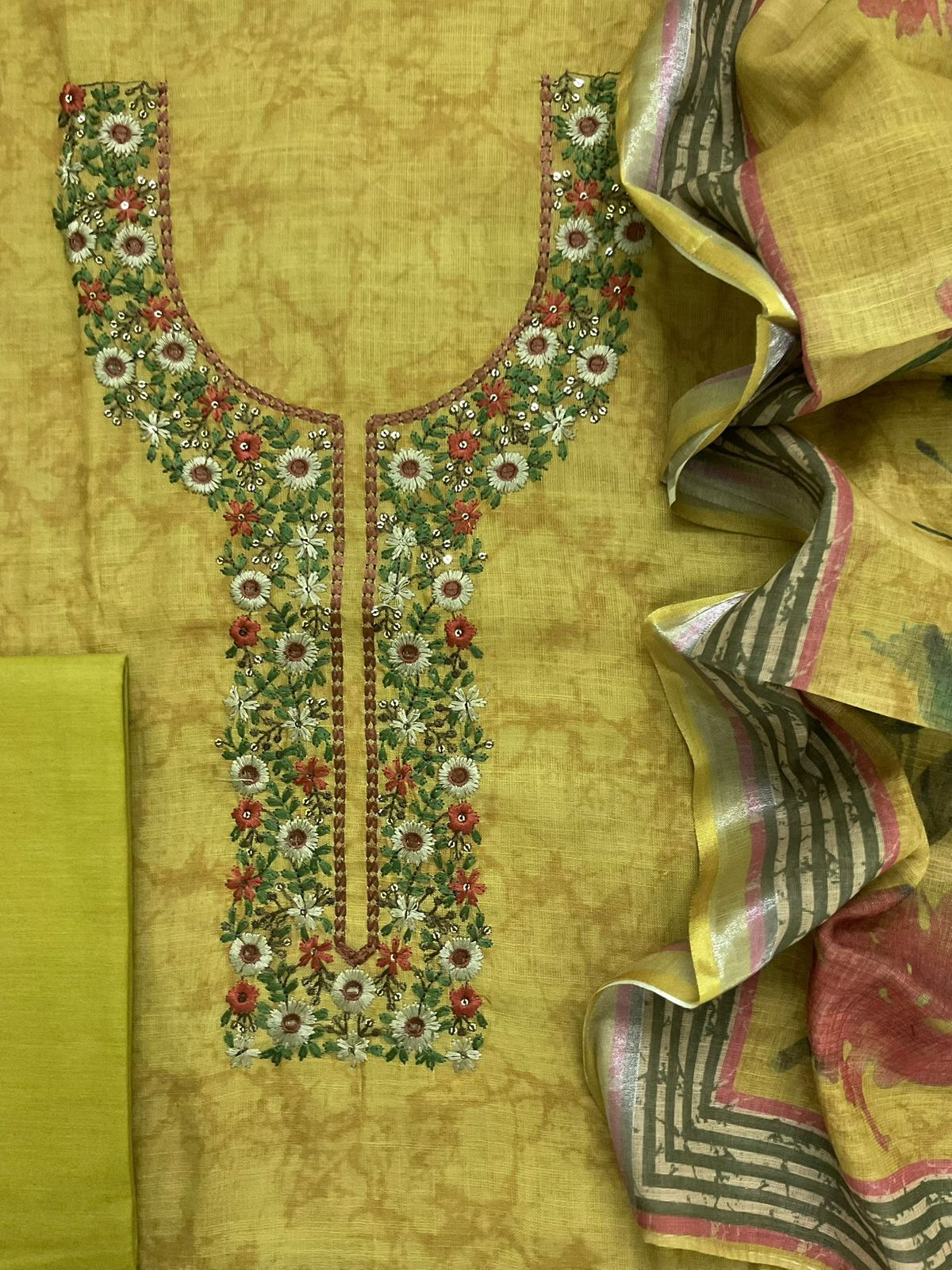 Soft Linen Jute Cotton Printed Embroidered Suit - Greenish Yellow