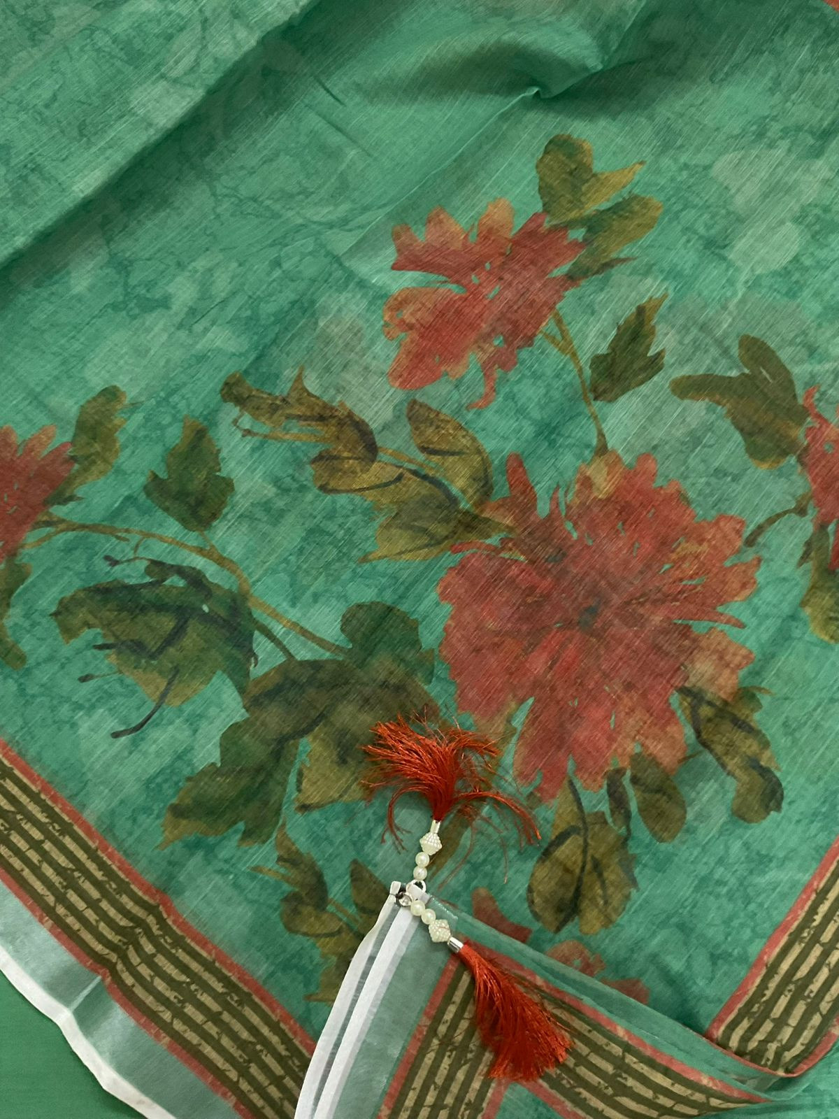 Soft Linen Jute Cotton Printed Embroidered Suit - Green