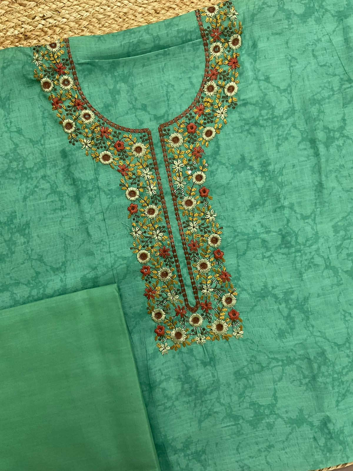 Soft Linen Jute Cotton Printed Embroidered Suit - Green