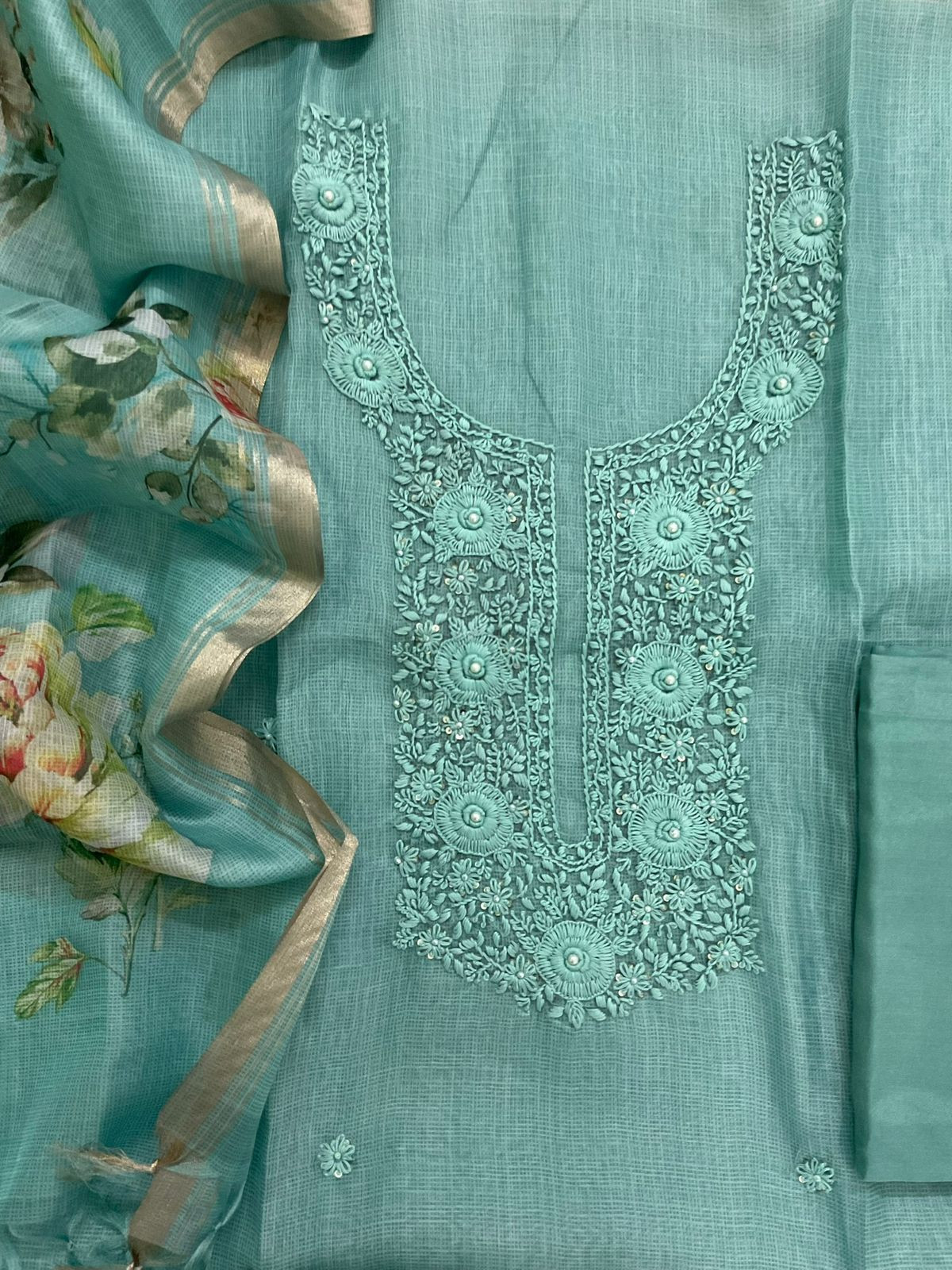 Soft Tissue Kota Silk Printed Embroidered Suit - Blue