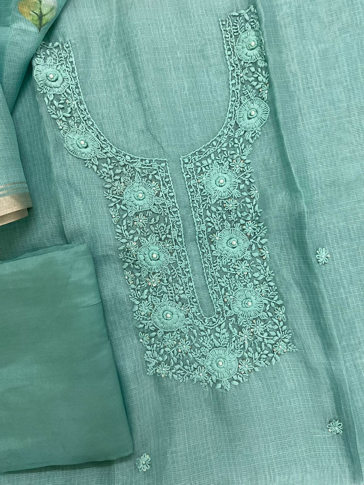 Soft Tissue Kota Silk Printed Embroidered Suit - Blue