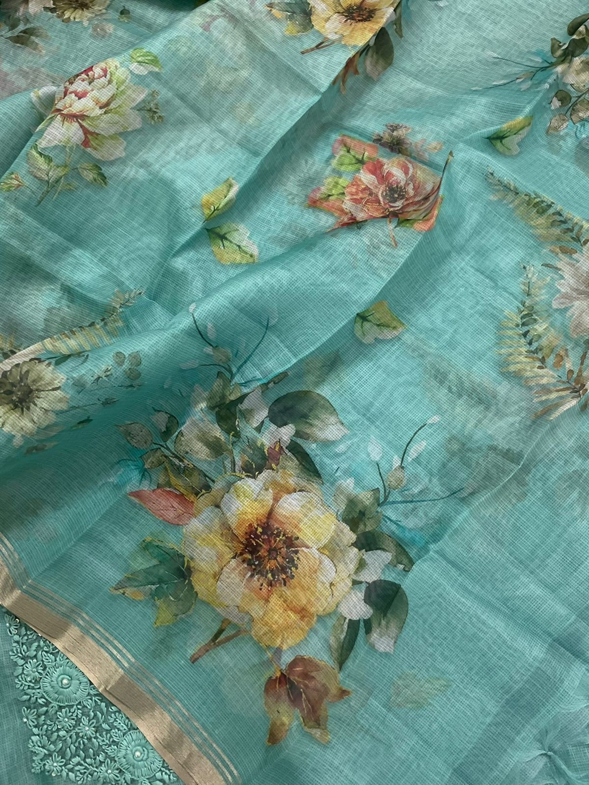 Soft Tissue Kota Silk Printed Embroidered Suit - Blue