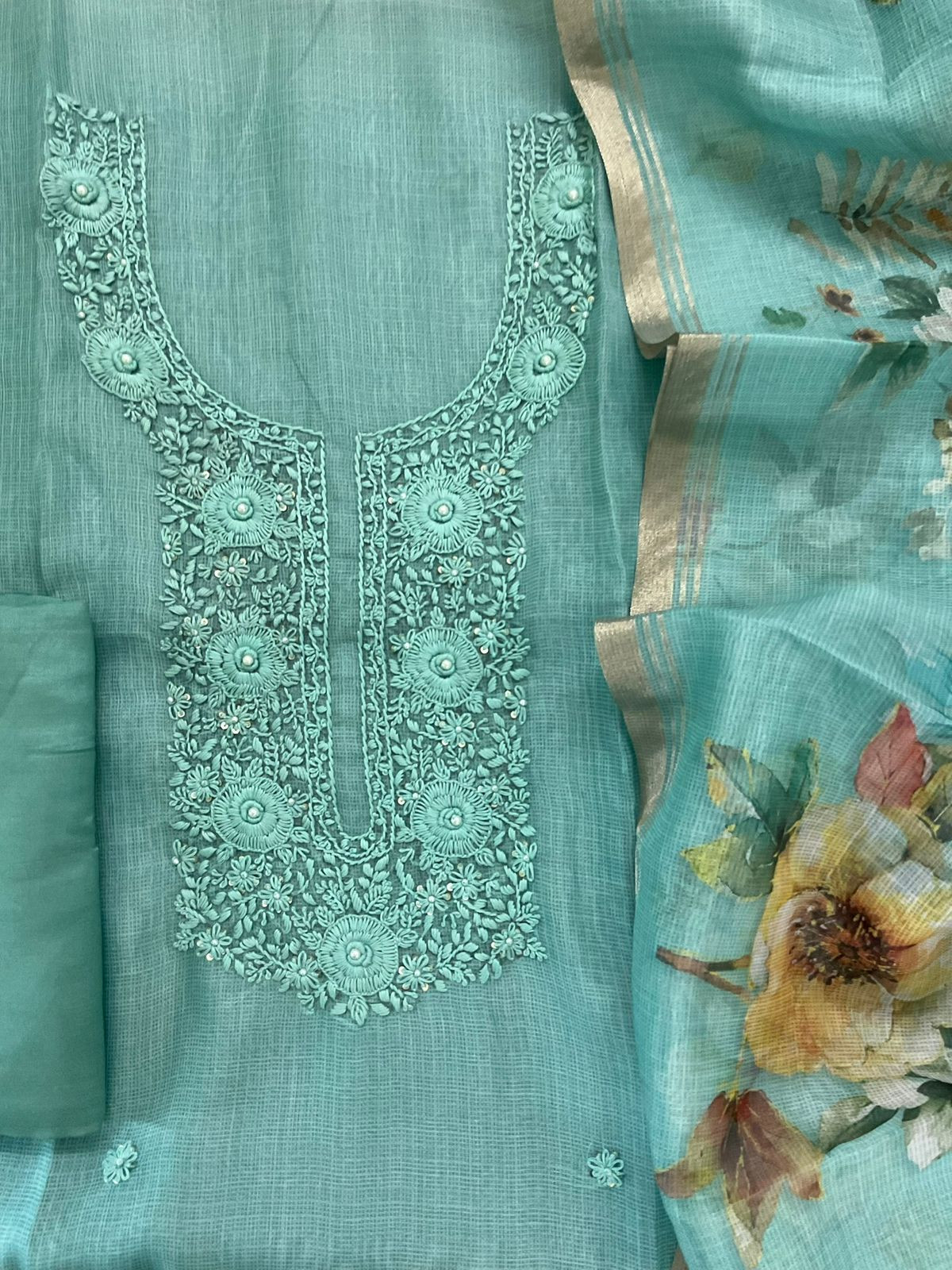 Soft Tissue Kota Silk Printed Embroidered Suit - Blue