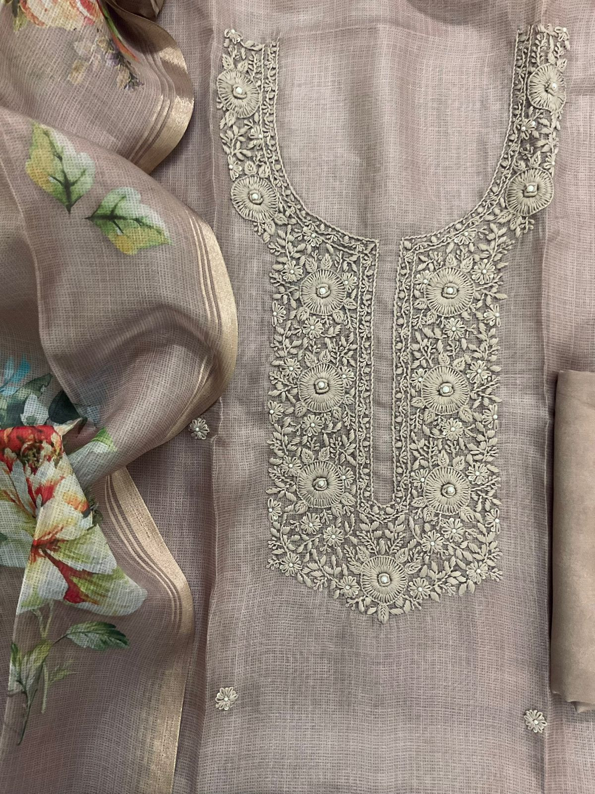 Soft Tissue Kota Silk Printed Embroidered Suit - Beige