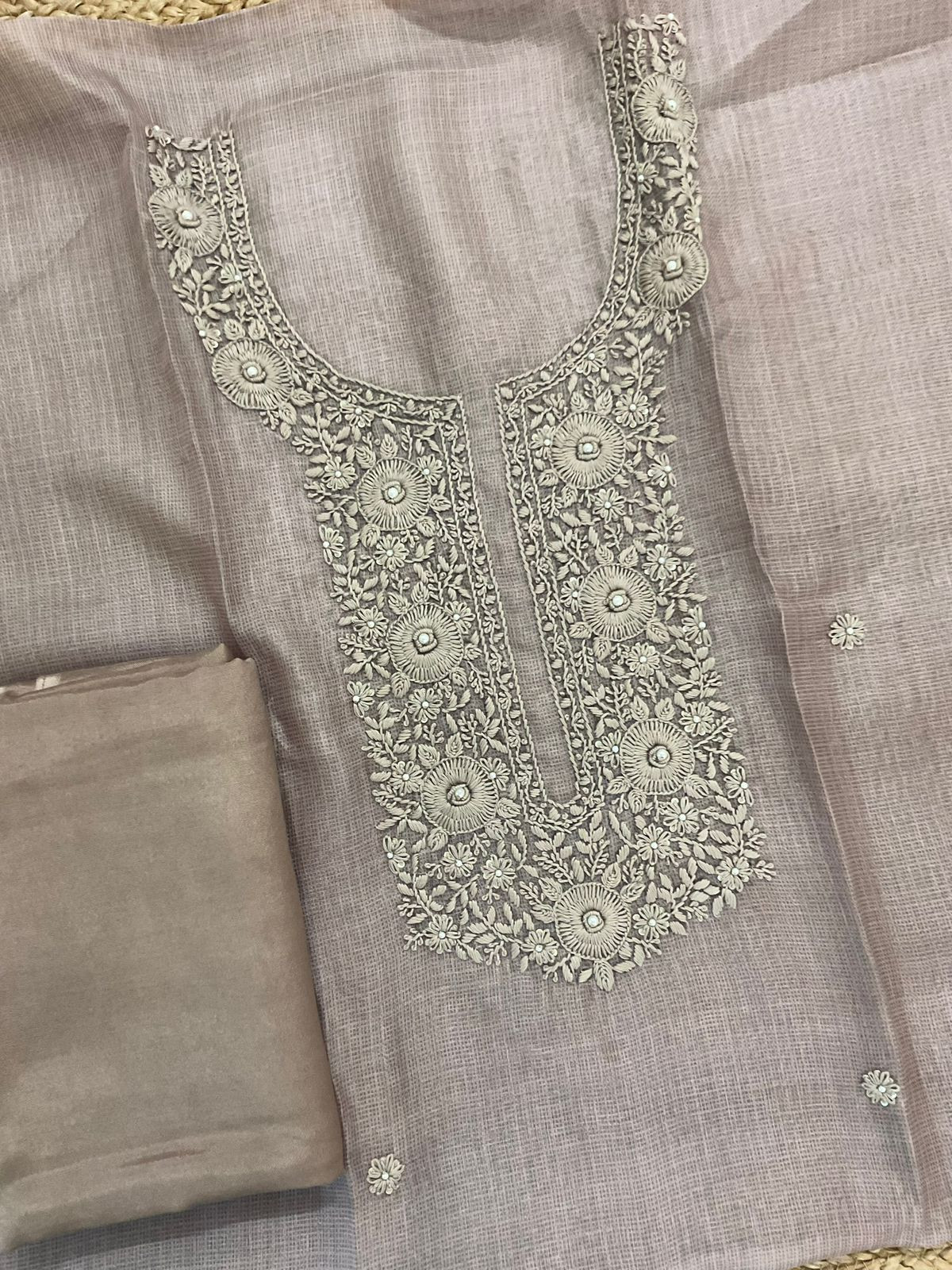 Soft Tissue Kota Silk Printed Embroidered Suit - Beige