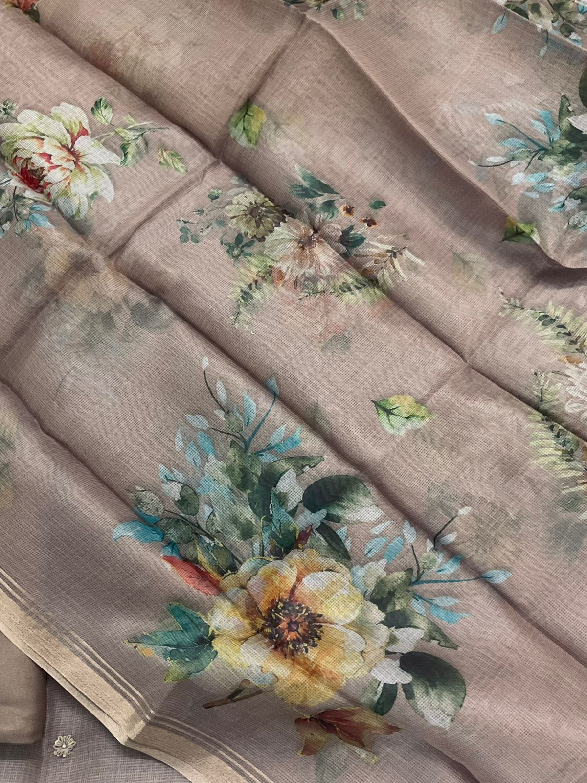 Soft Tissue Kota Silk Printed Embroidered Suit - Beige