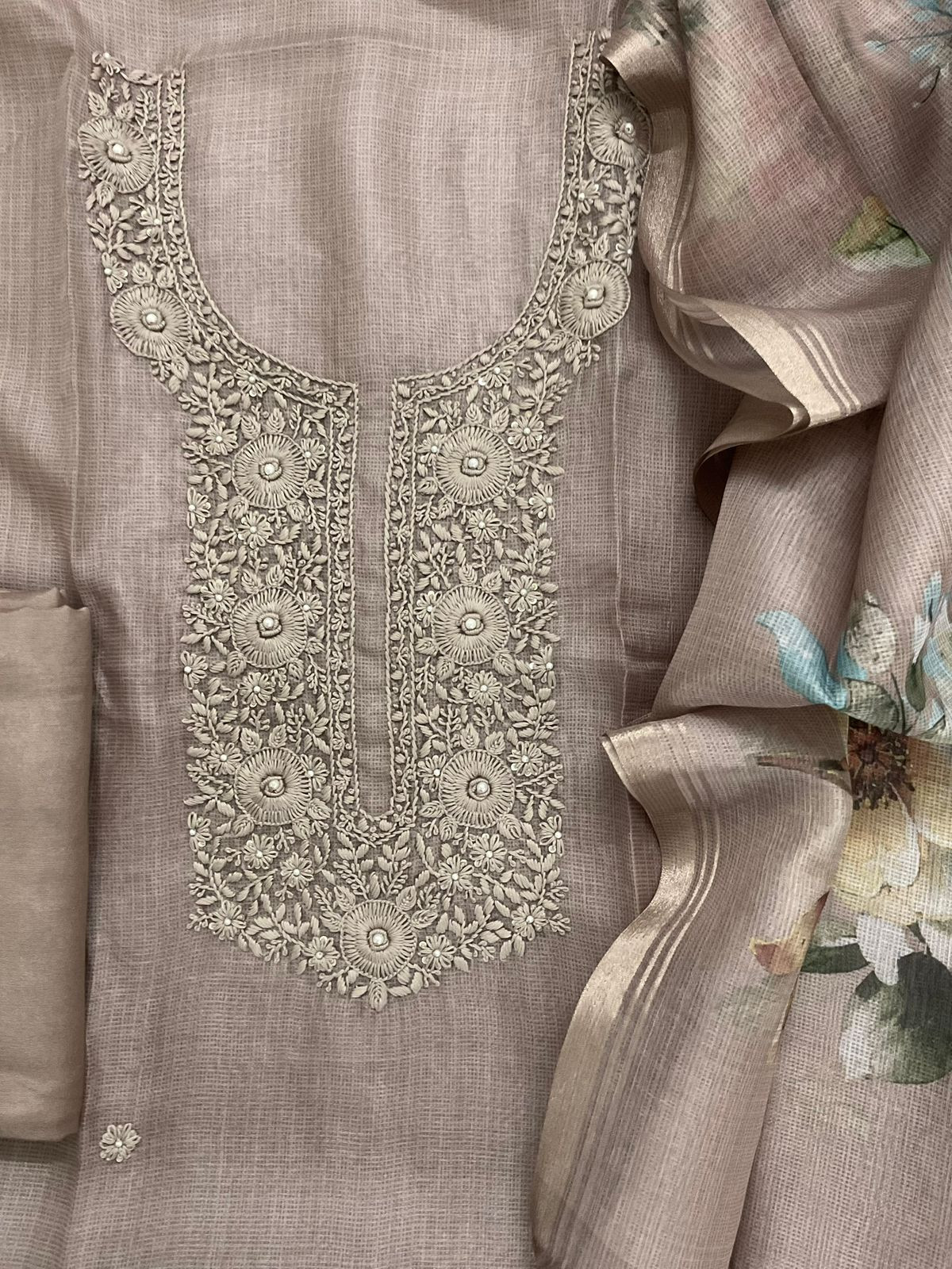 Soft Tissue Kota Silk Printed Embroidered Suit - Beige