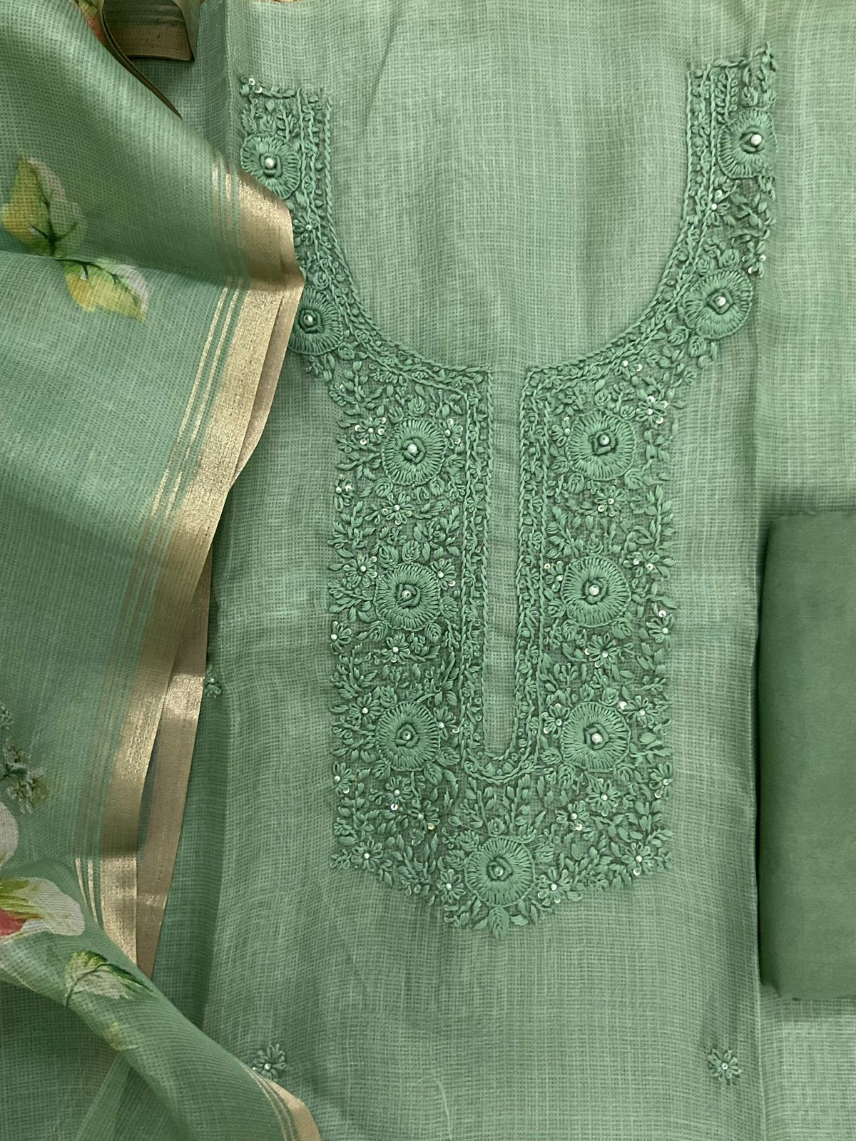 Soft Tissue Kota Silk Printed Embroidered Suit - green