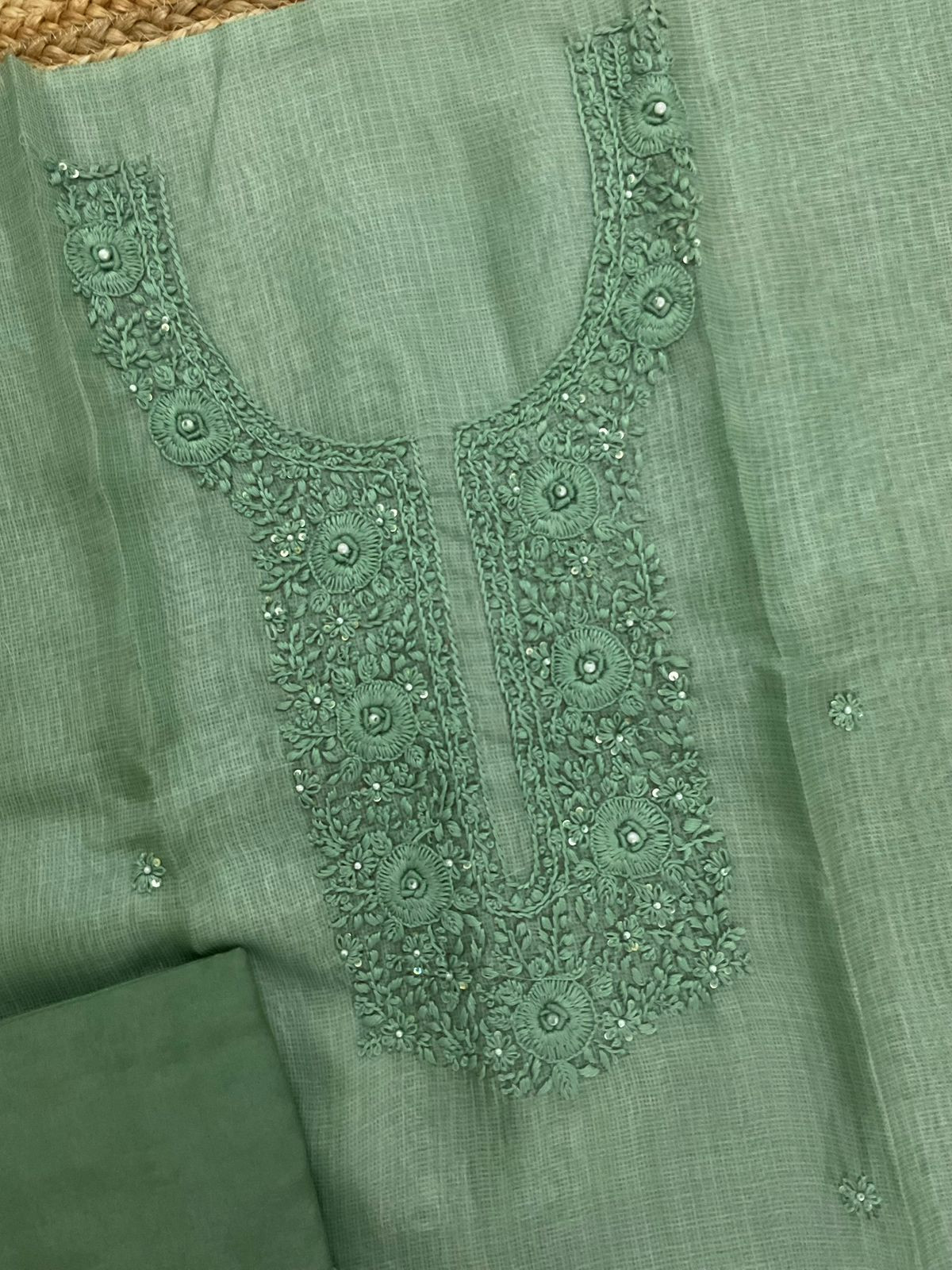 Soft Tissue Kota Silk Printed Embroidered Suit - green