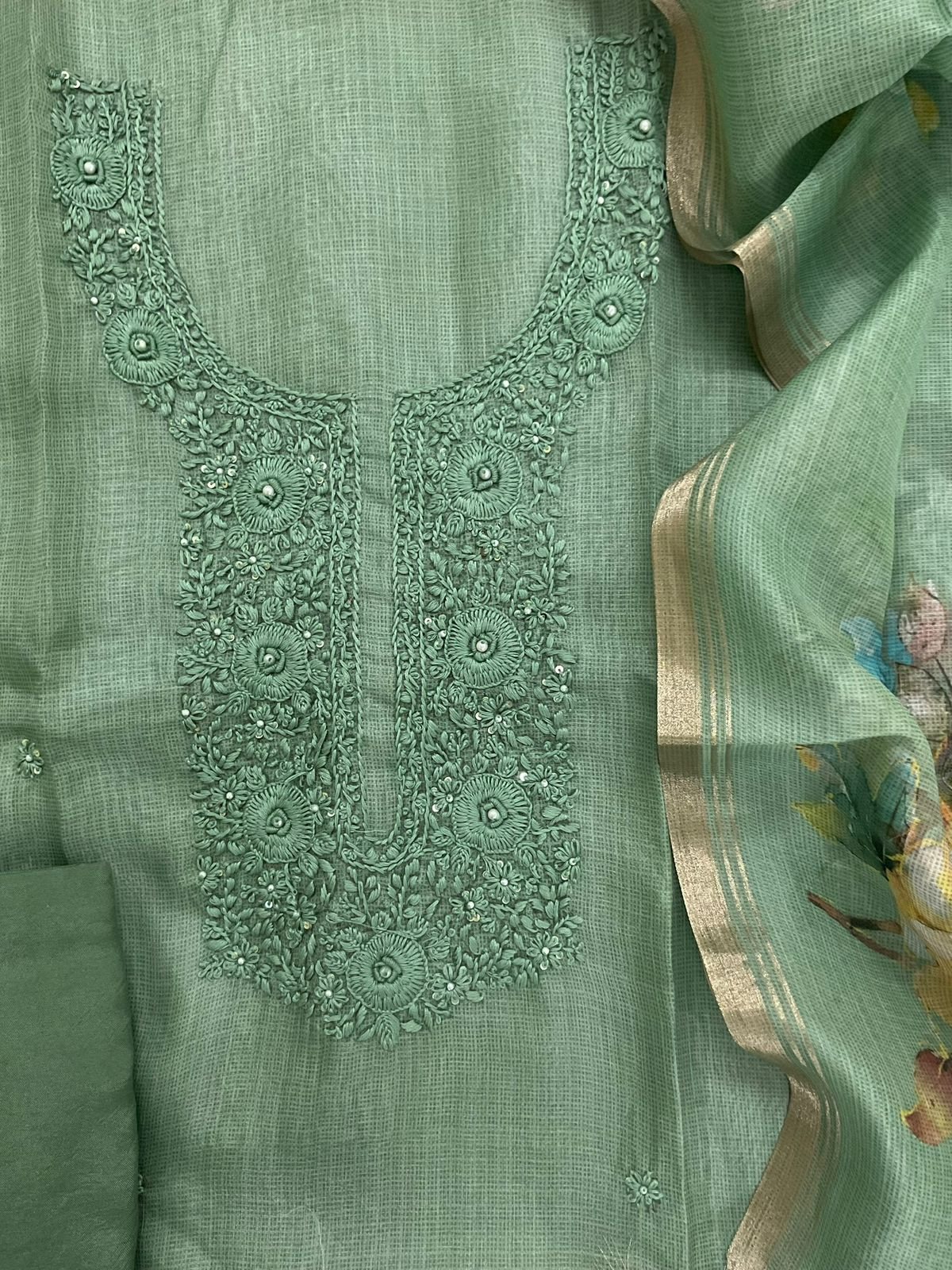 Soft Tissue Kota Silk Printed Embroidered Suit - green