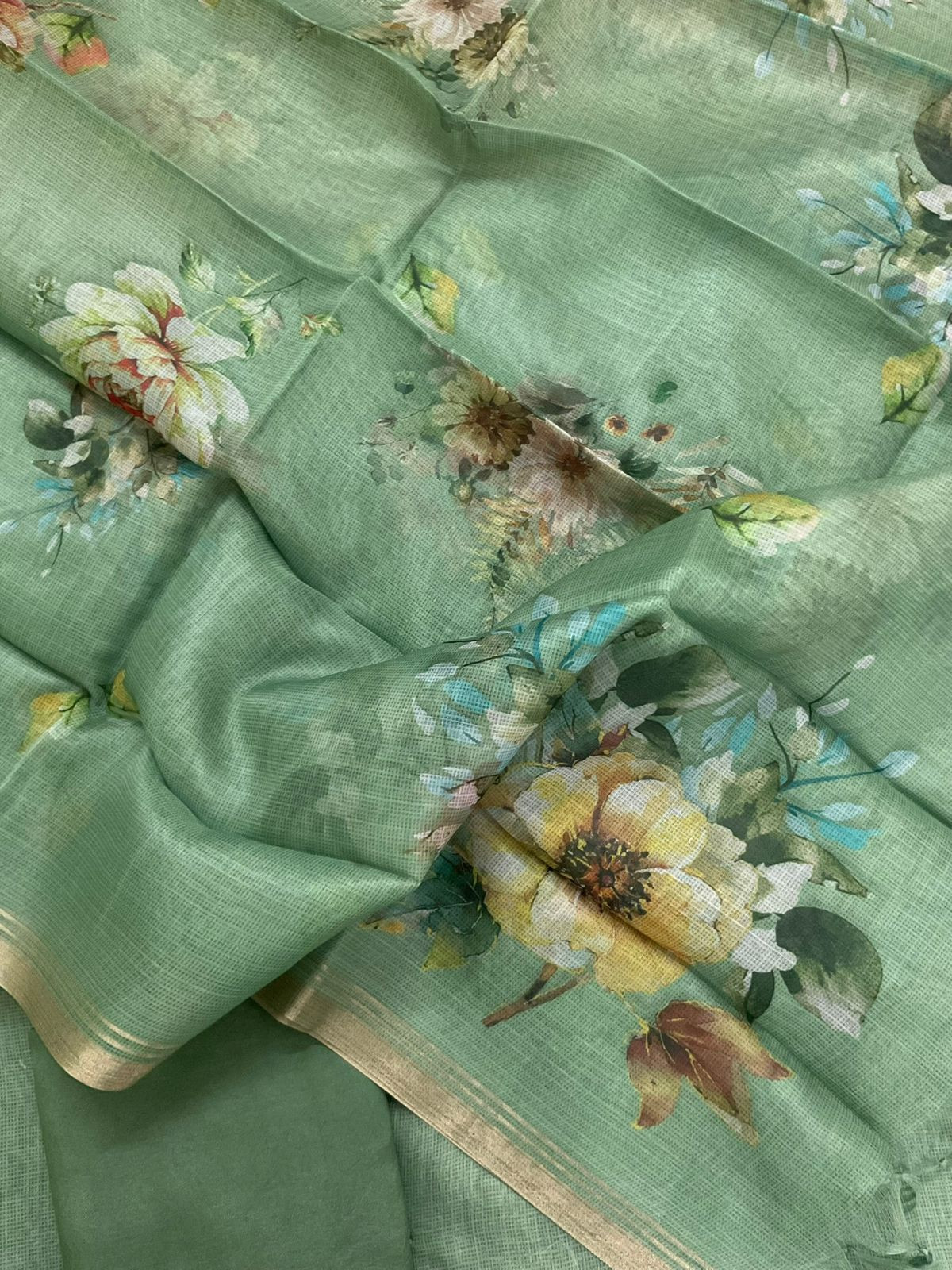 Soft Tissue Kota Silk Printed Embroidered Suit - green