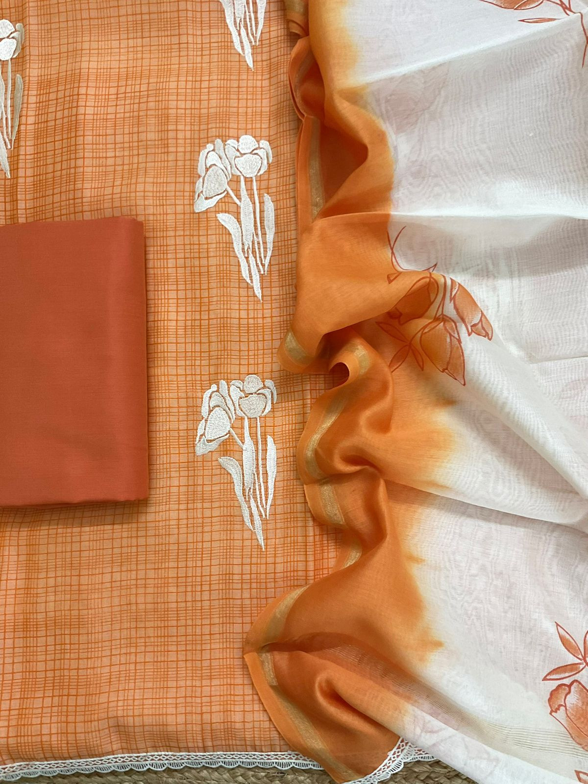 Pure Chanderi Printed Embroidered Suit - Orange